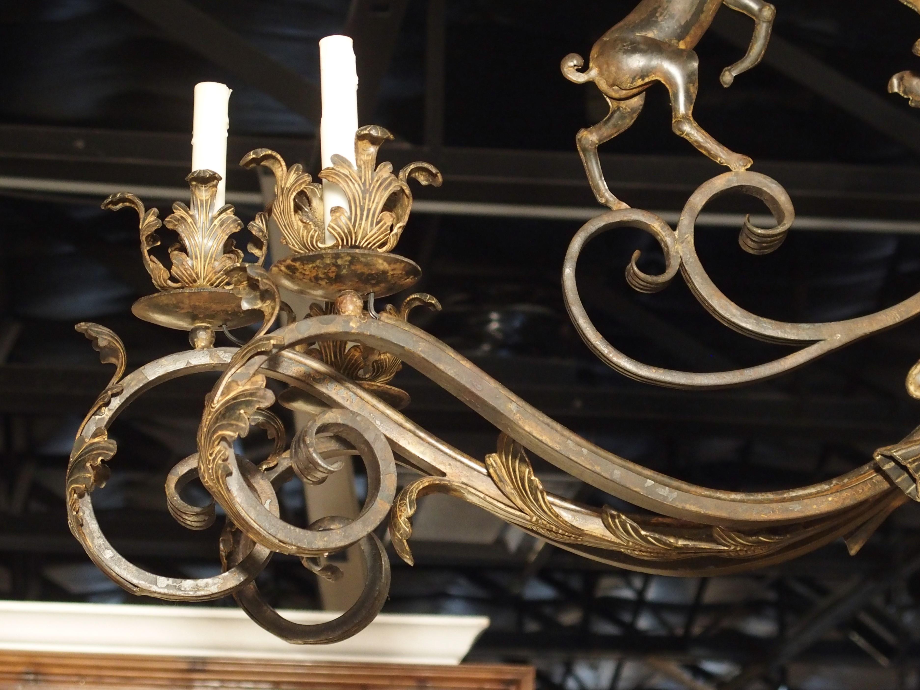 Large Polychrome Wrought Iron Stags Chandelier from France, 1900s 10