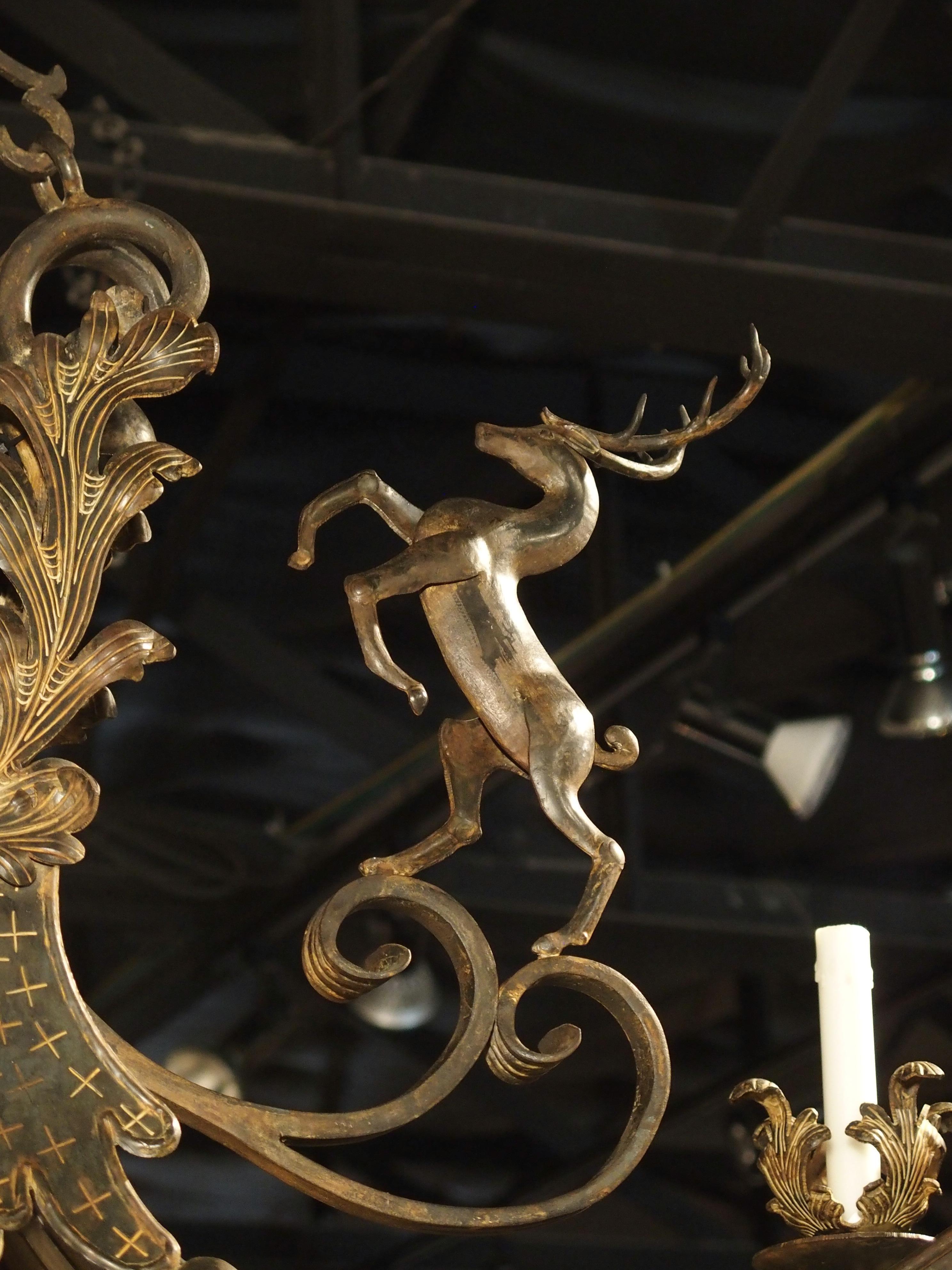 Large Polychrome Wrought Iron Stags Chandelier from France, 1900s 12