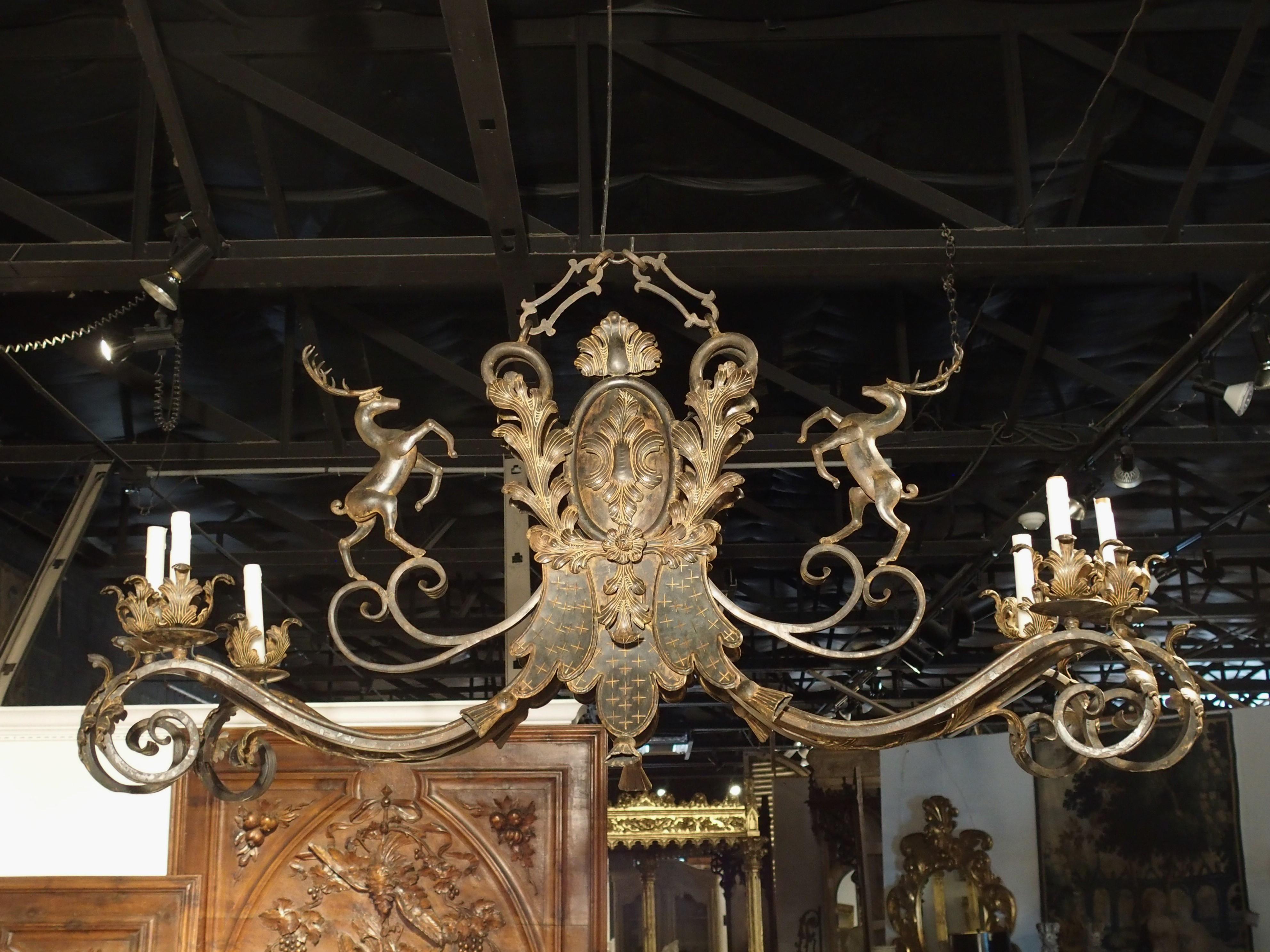 Large Polychrome Wrought Iron Stags Chandelier from France, 1900s 2