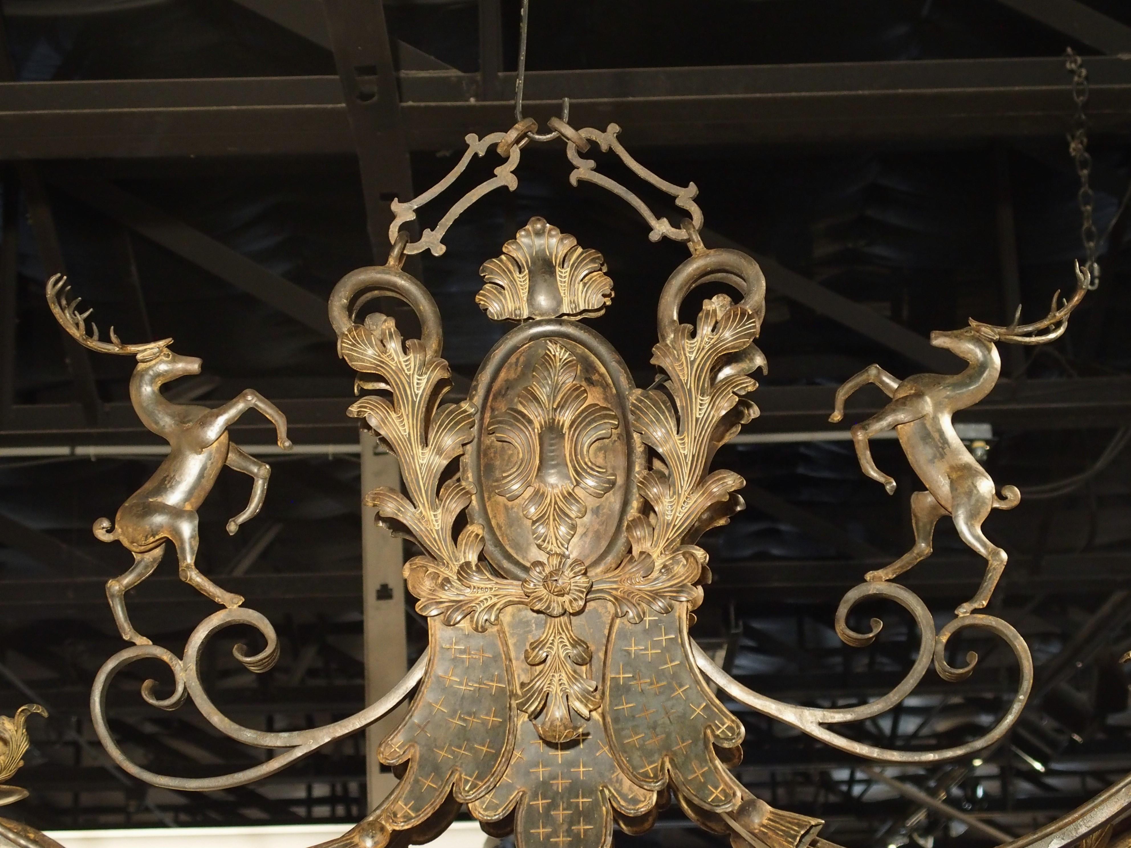 Large Polychrome Wrought Iron Stags Chandelier from France, 1900s 3