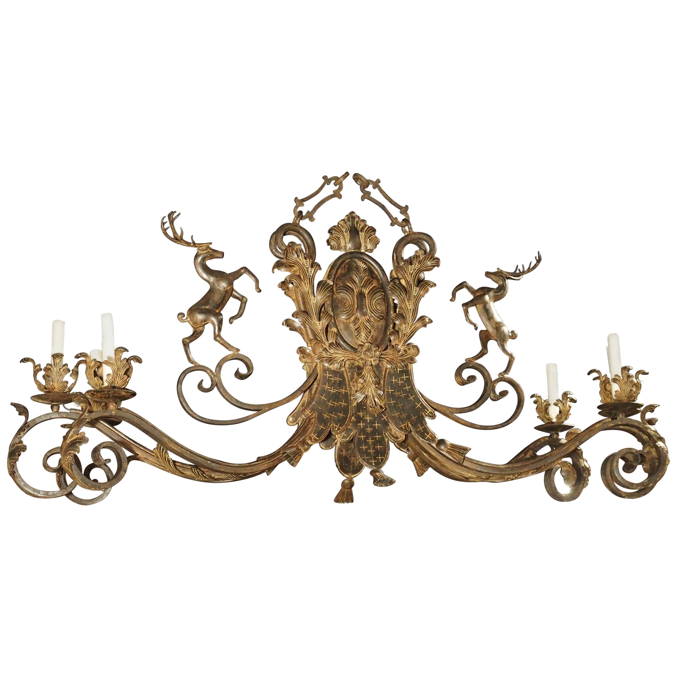 Large Polychrome Wrought Iron Stags Chandelier from France, 1900s
