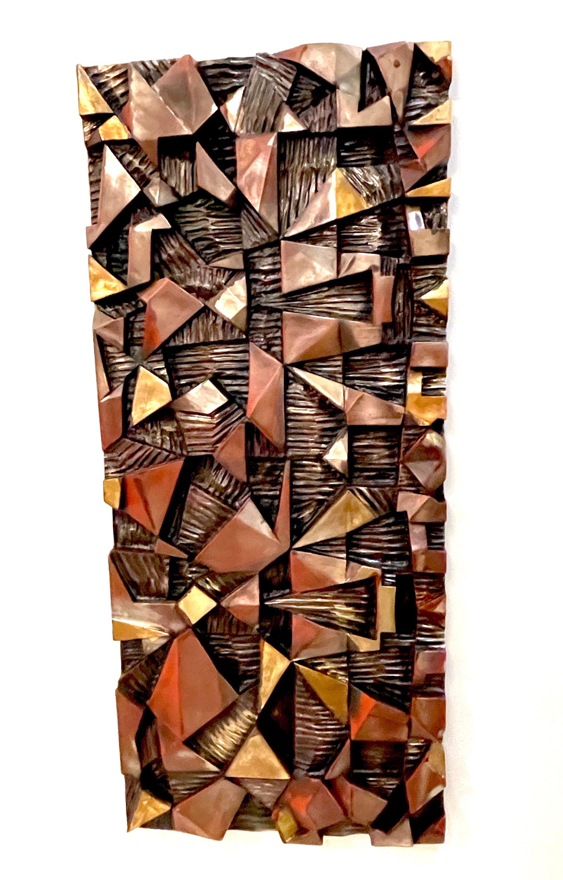 Large Polychromed / Lacquered Fiberglass Brutalist Wall Sculpture 
Can be hung vertically or horizontally 

An impressive work, realistically cast and modeled, to look like bronze, expertly lacquered with gilt and polychrome lacquer. Design