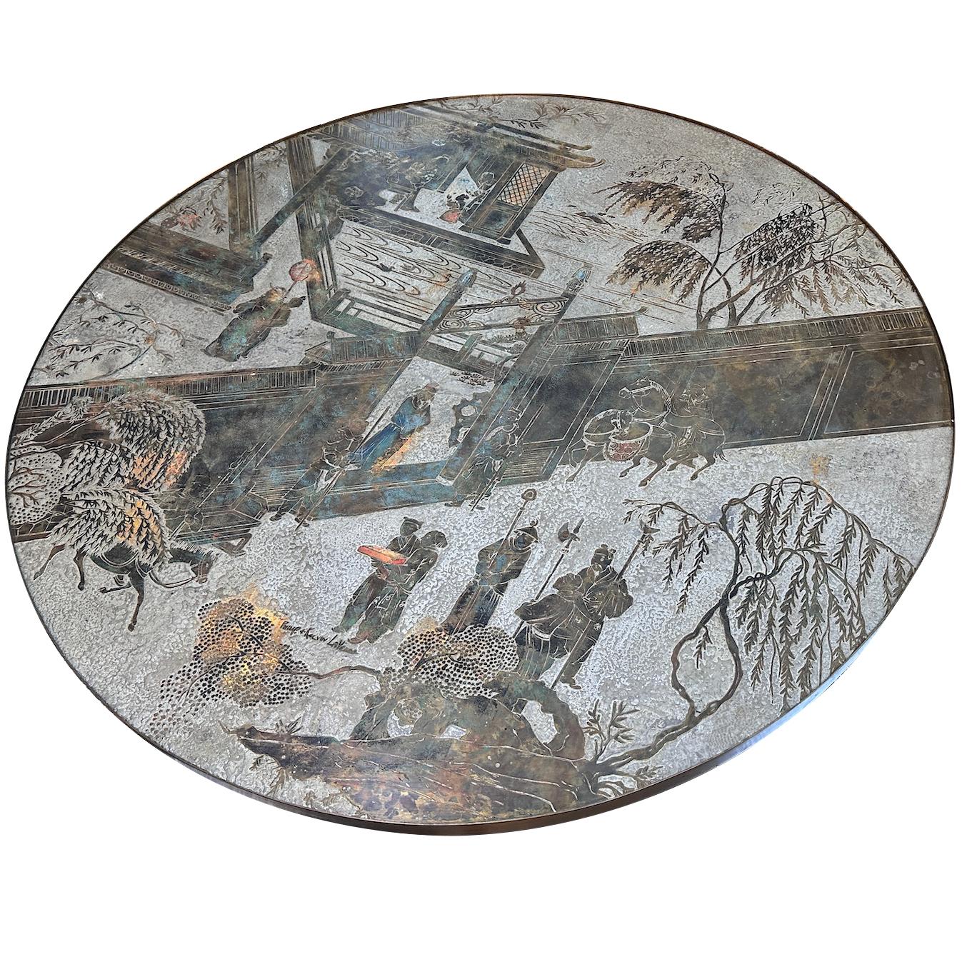 A circa 1970's signed Laverne coffee table with Palace Garden motif.

Measurements:
Height: 17.5