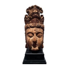 Large Polychromed Wood GuanYin Head on Stand