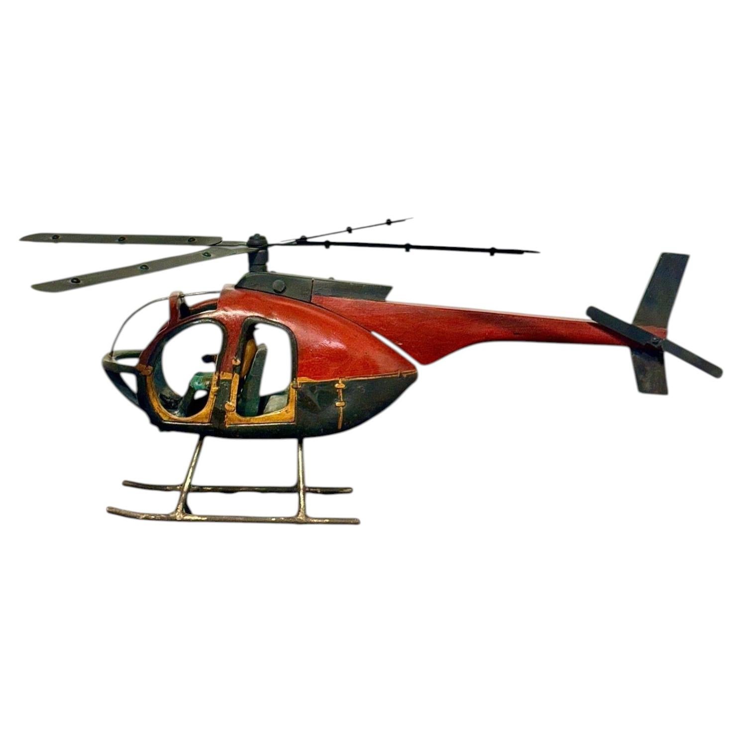 Large Polychromed Wooden Helicopter Sculpture with Its Pilot For Sale