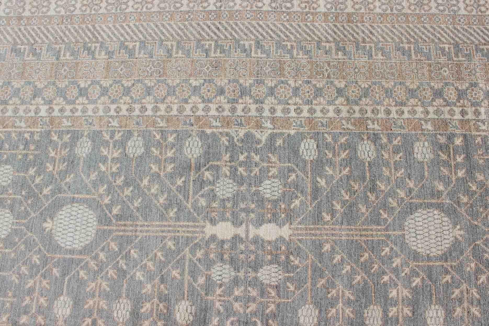 Large Pomegranate Design Khotan Rug in Gray Blue, Light Brown, Ivory & Taupe 4