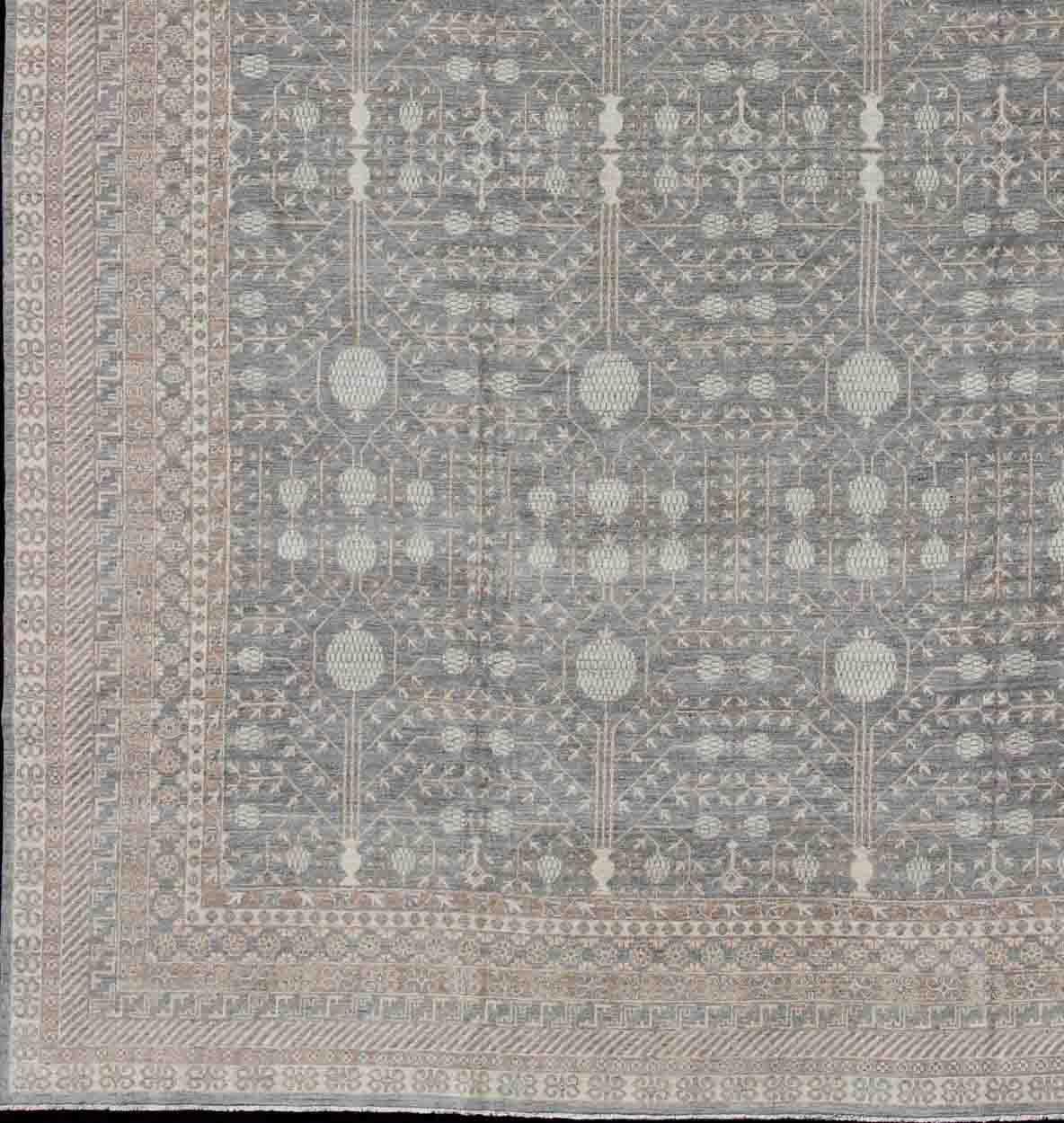 Hand-Knotted Large Pomegranate Design Khotan Rug in Gray Blue, Light Brown, Ivory & Taupe