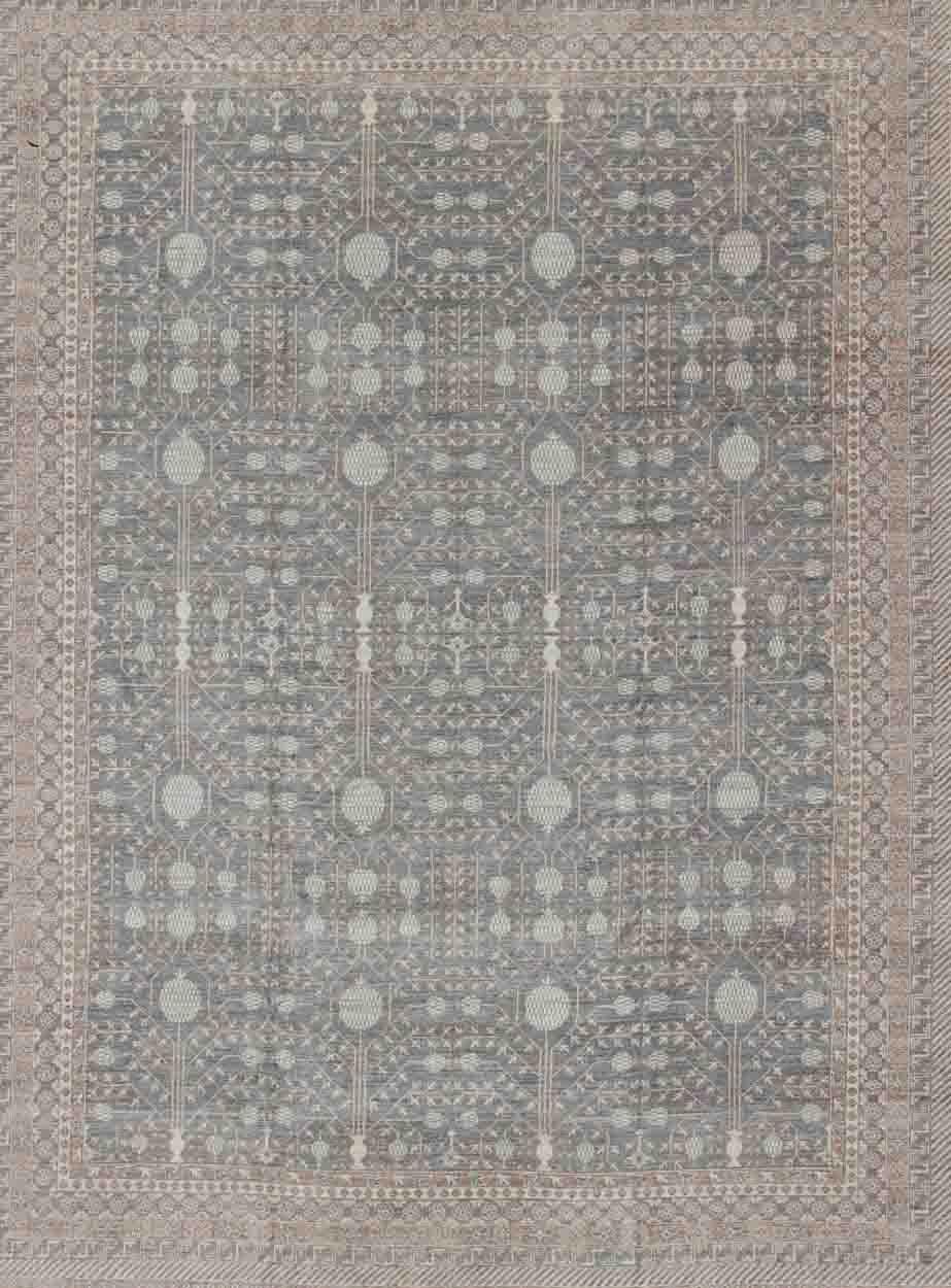 Large Pomegranate Design Khotan Rug in Gray Blue, Light Brown, Ivory & Taupe In New Condition In Atlanta, GA
