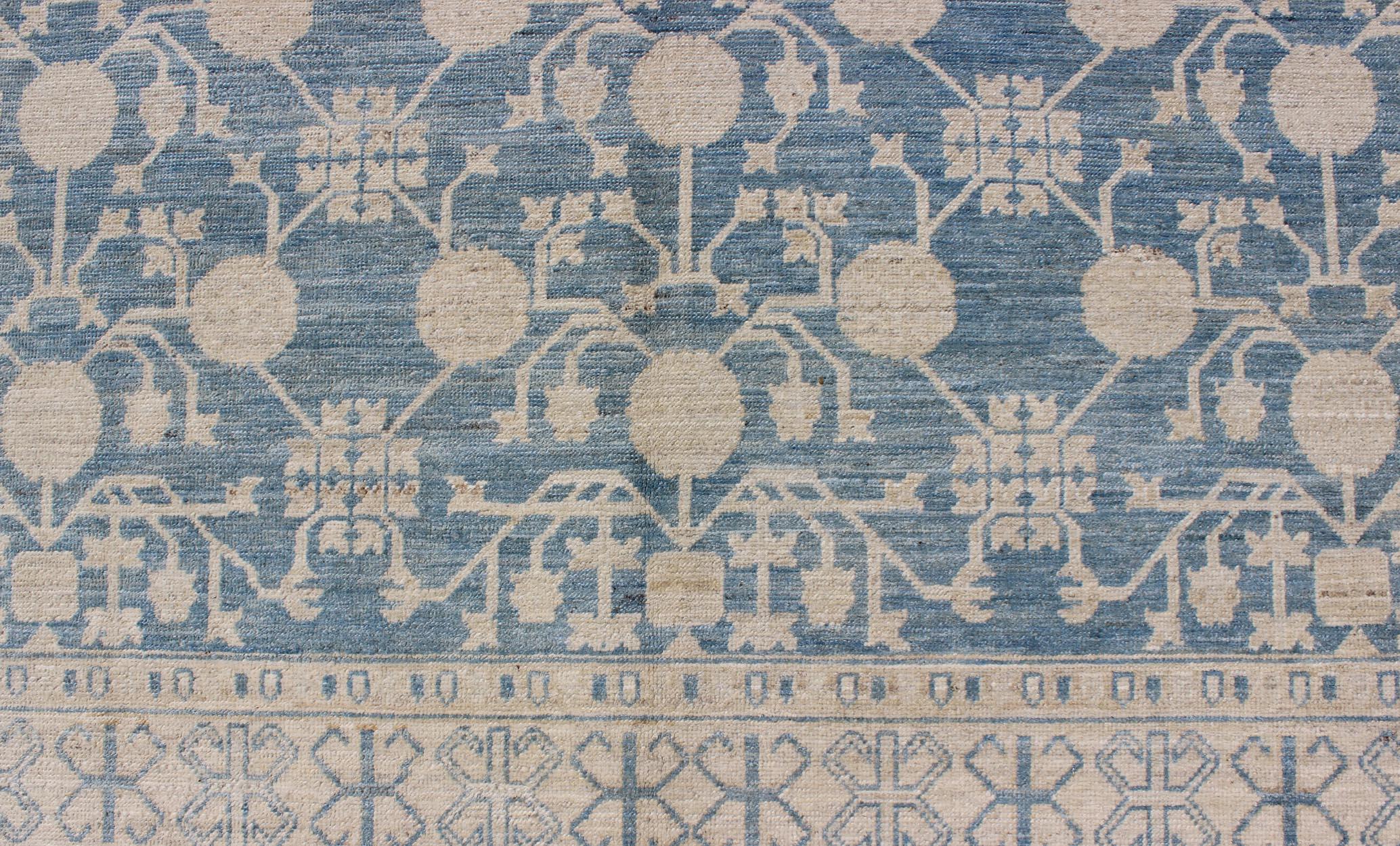 Hand-Knotted Large Pomegranate Design Modern Khotan Rug in Light Blue and Cream For Sale