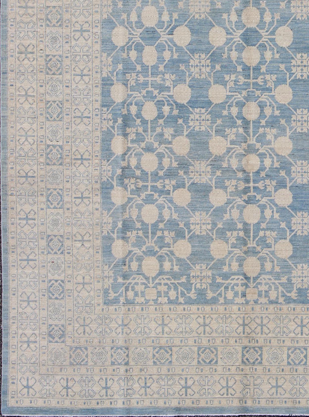 Contemporary Large Pomegranate Design Modern Khotan Rug in Light Blue and Cream For Sale