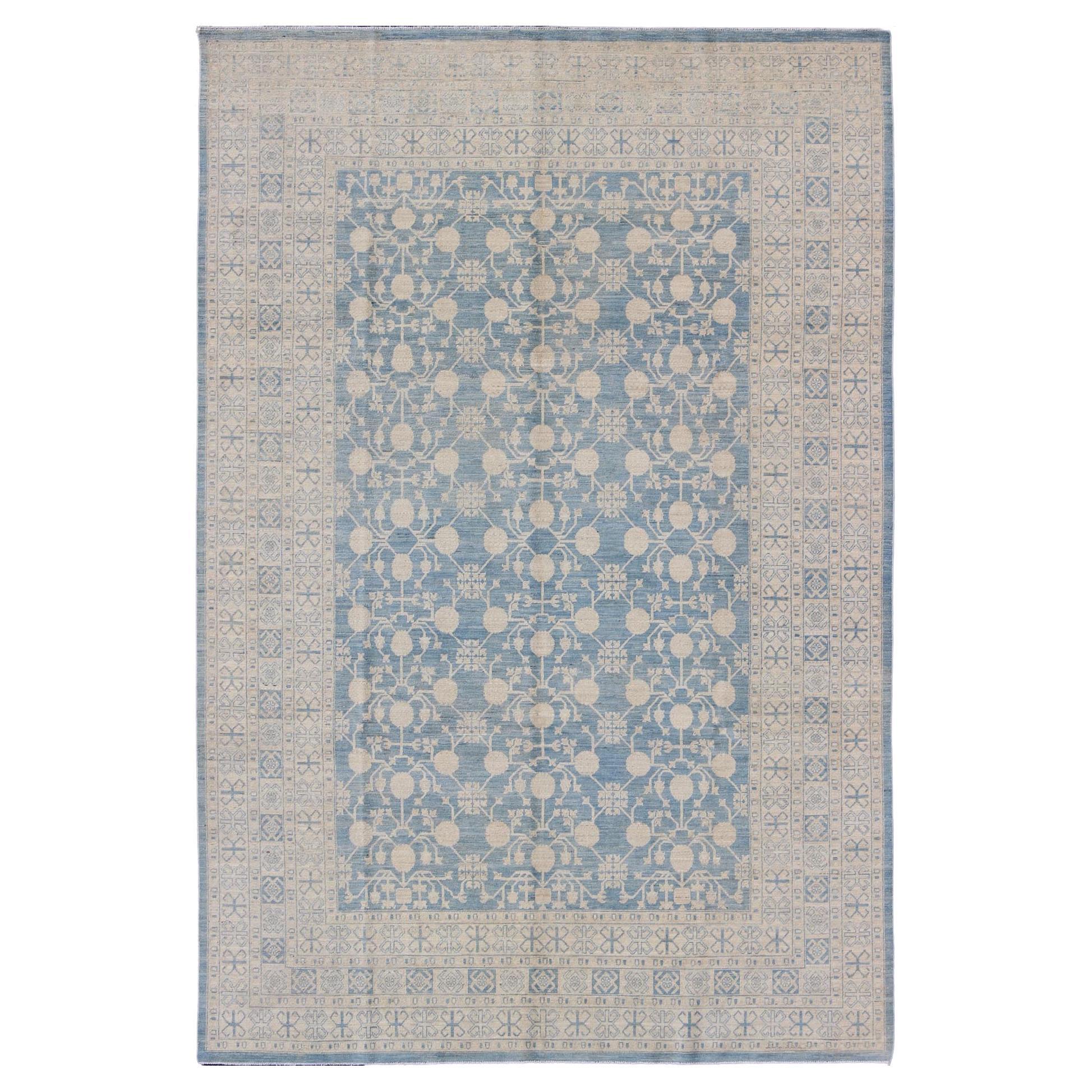 Large Pomegranate Design Modern Khotan Rug in Light Blue and Cream