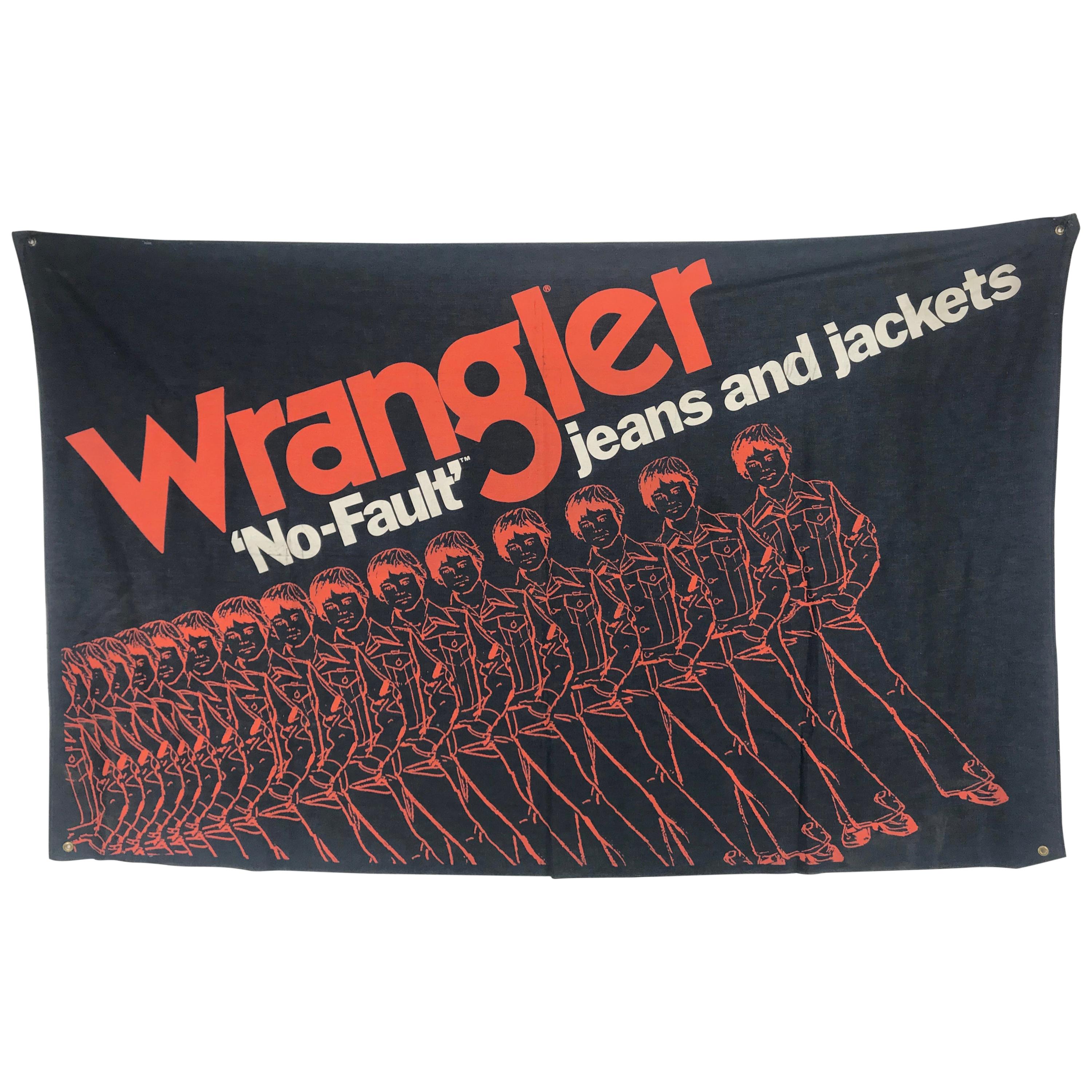 Large Pop 1970s Wrangler "No-Fault" Jeans. Denim Store Display / Banner For Sale