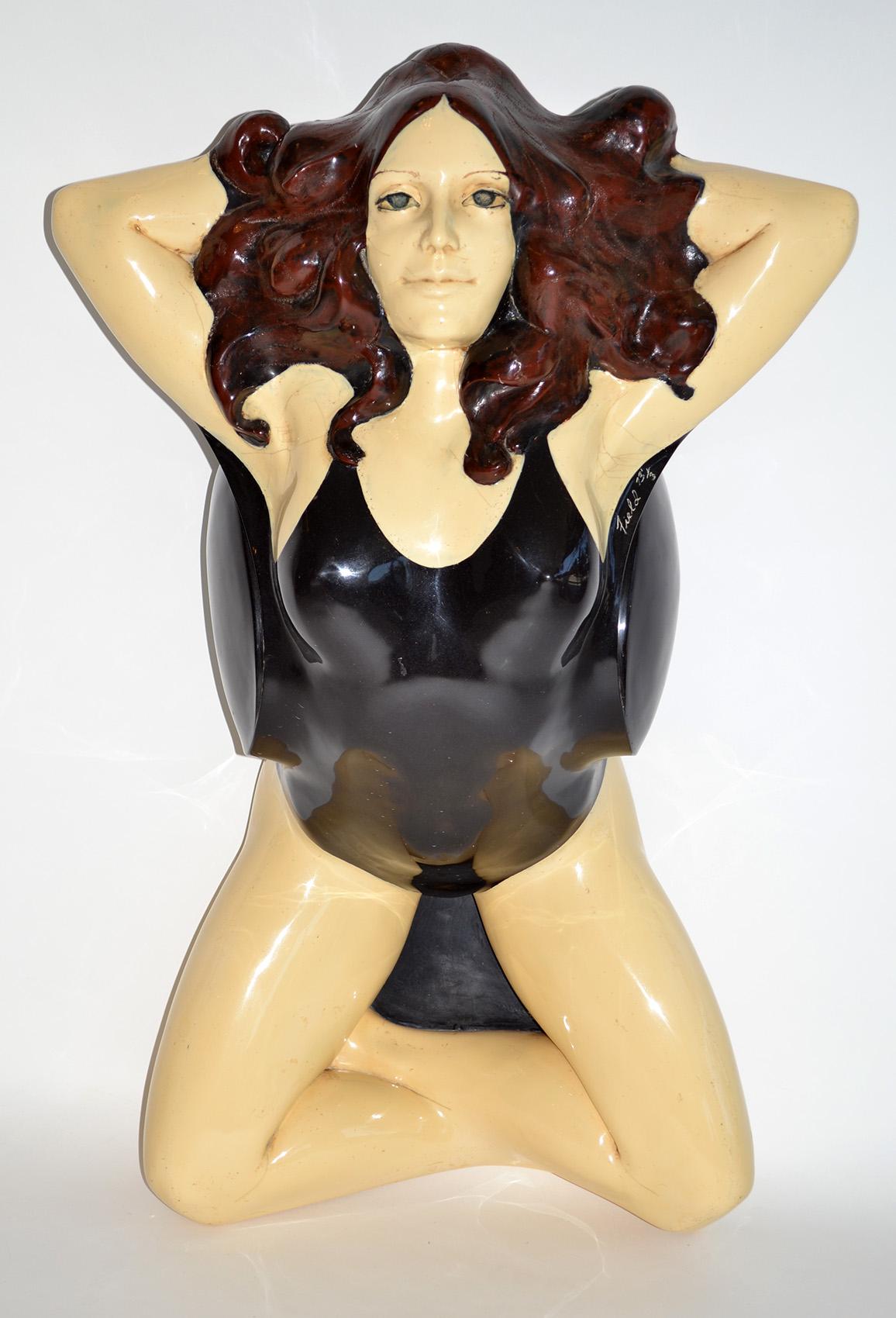Large Pop Art Painted Fiberglass Female Sculpture After Allen Jones, USA 1973
Pop Art wall-mounted, figurehead of female form with auburn hair and black dress in molded, painted fiberglass. Signed: 'Field 1971 1/3' 
This piece - produced in a series