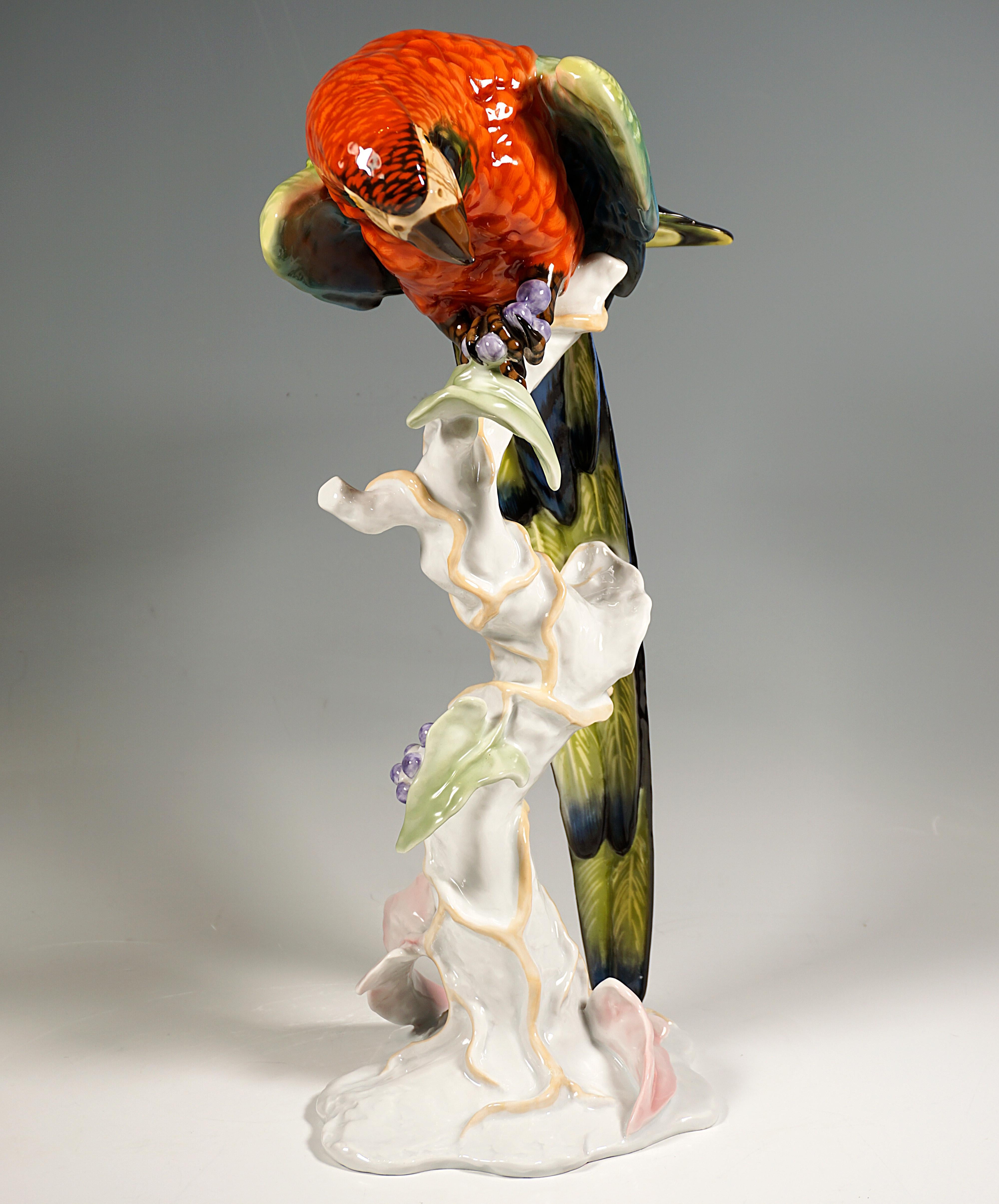 Representation of a macaw sitting on a tree trunk entwined with a creeper, bending forward to reach the berries in its left claws with its beak.
Based on irregular flat base, inscribed 'F.HEIDENREICH' on the reverse, 
behind the tail feather