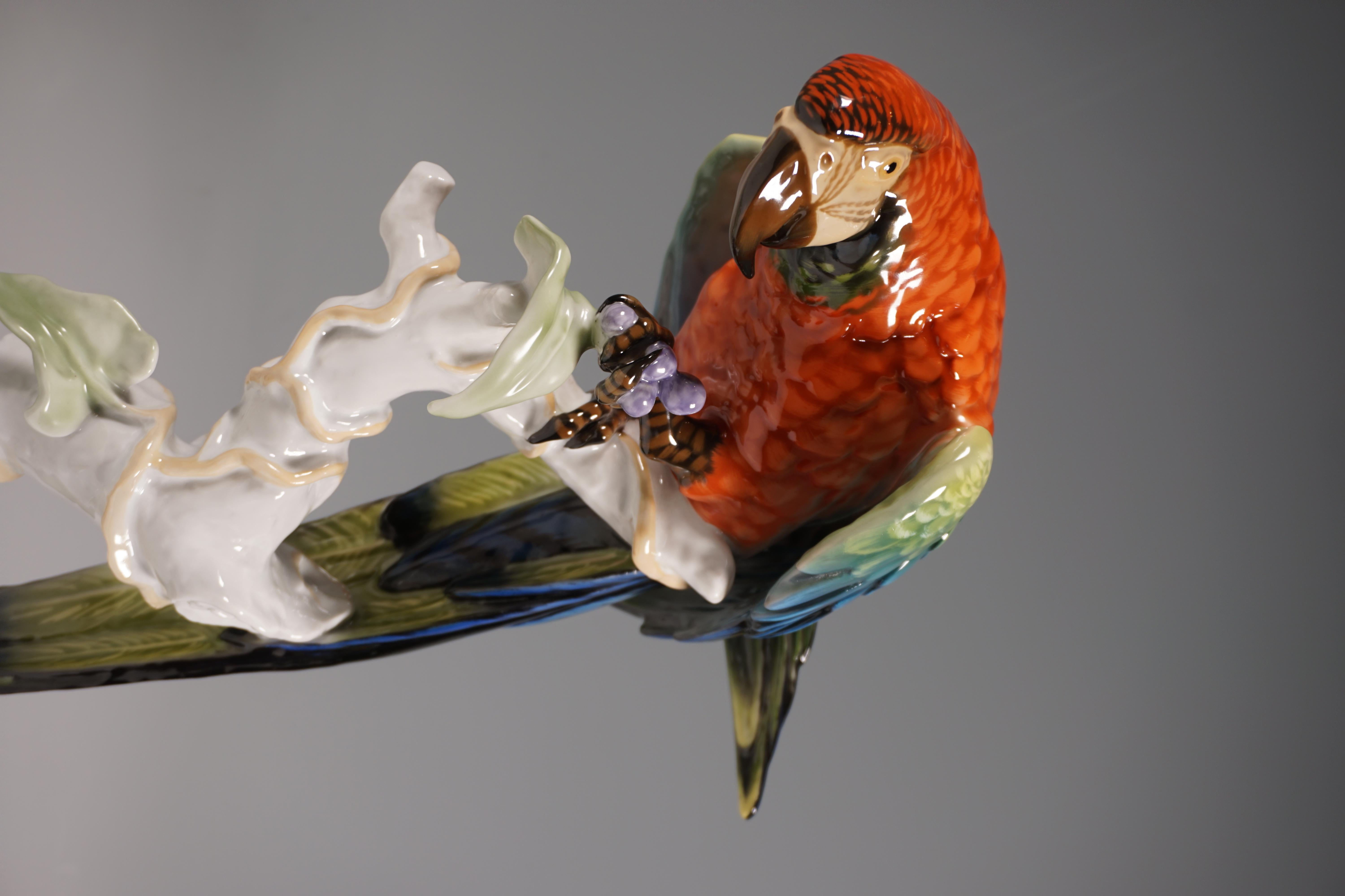 20th Century Large Porcelain Animal Figure, Macaw on a Trunk, Rosenthal Germany, Mid-20th