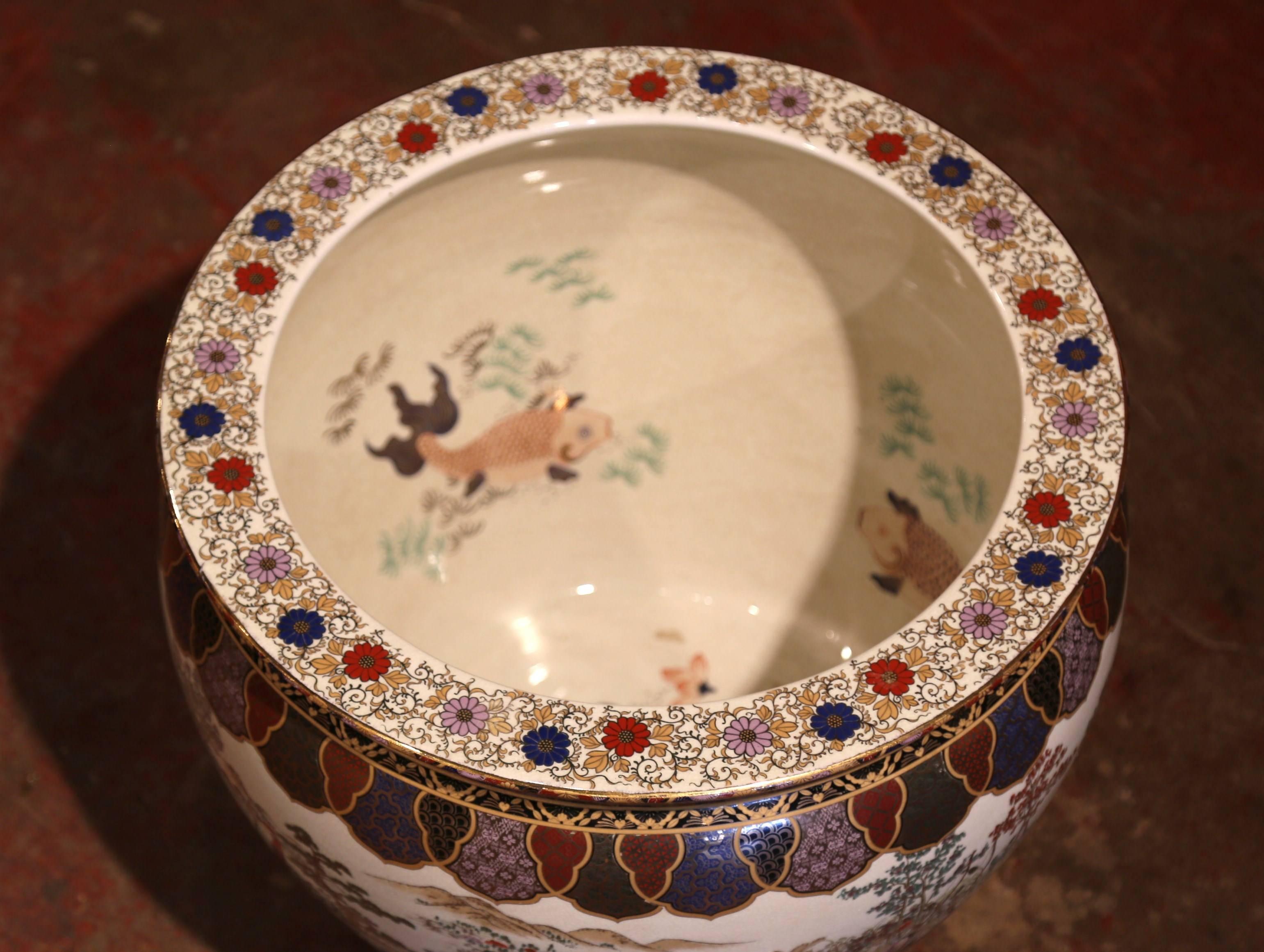 Gilt Large Porcelain Chinese Fishbowl Planter with Classic Oriental Decorations