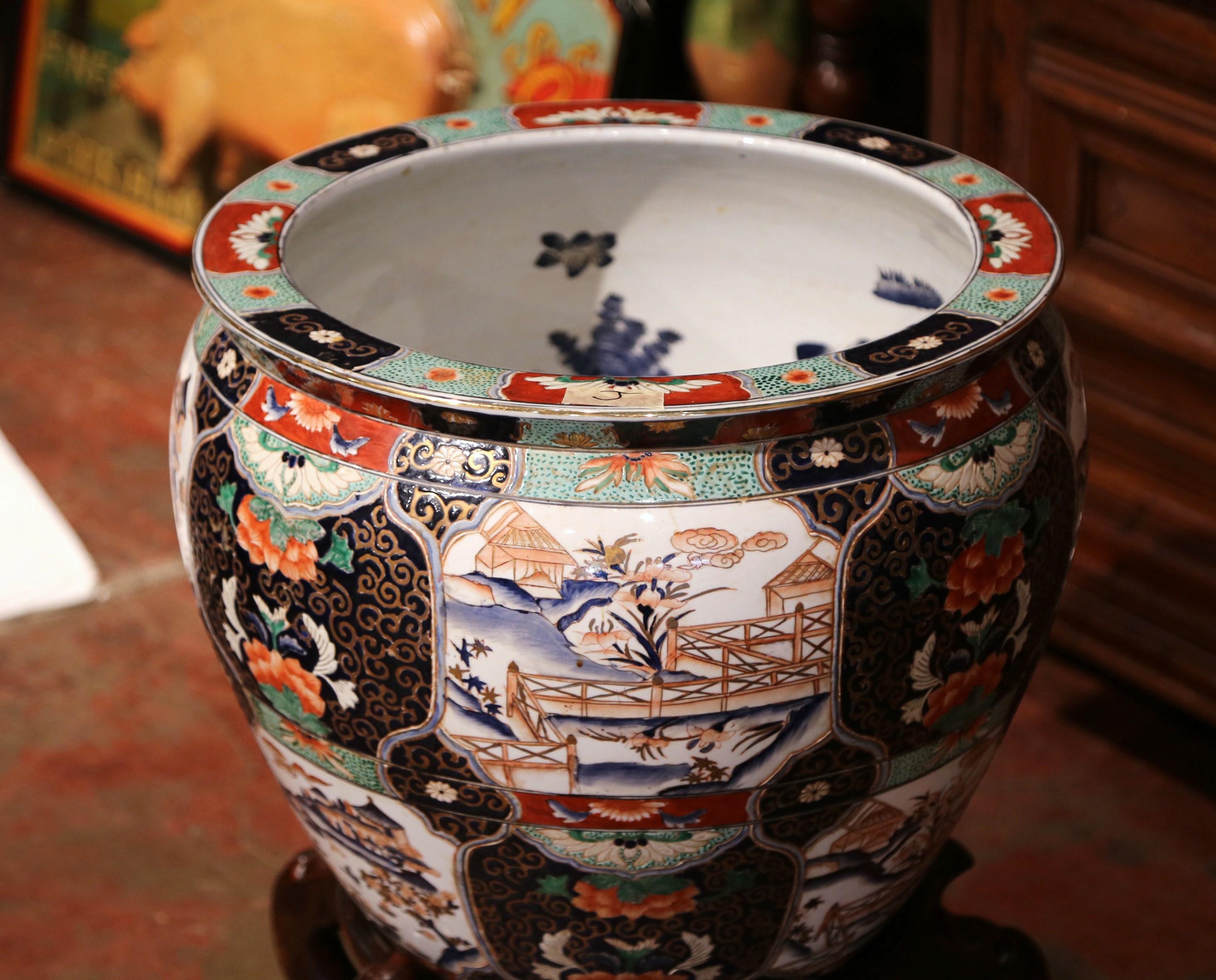 Hand-Crafted Chinese Porcelain Fish Bowl on Wood Stand with Avian and Botanical Motifs