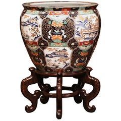 Chinese Porcelain Fish Bowl on Wood Stand with Avian and Botanical Motifs