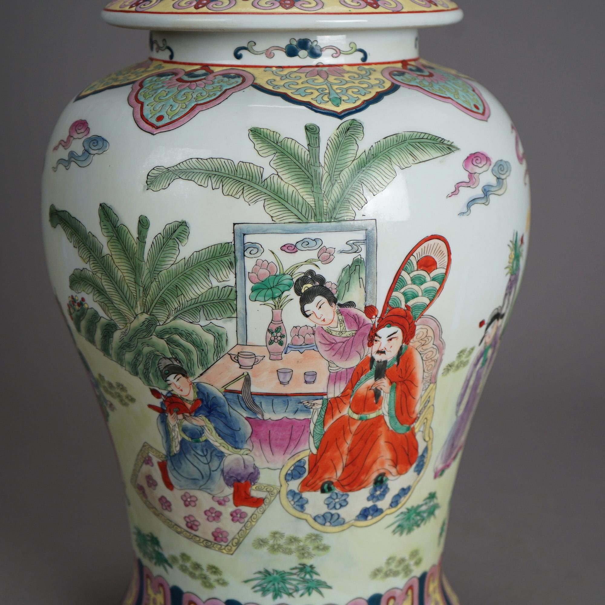 20th Century Large Porcelain Chinese Urn with Hand Enameled Decoration 20thC For Sale