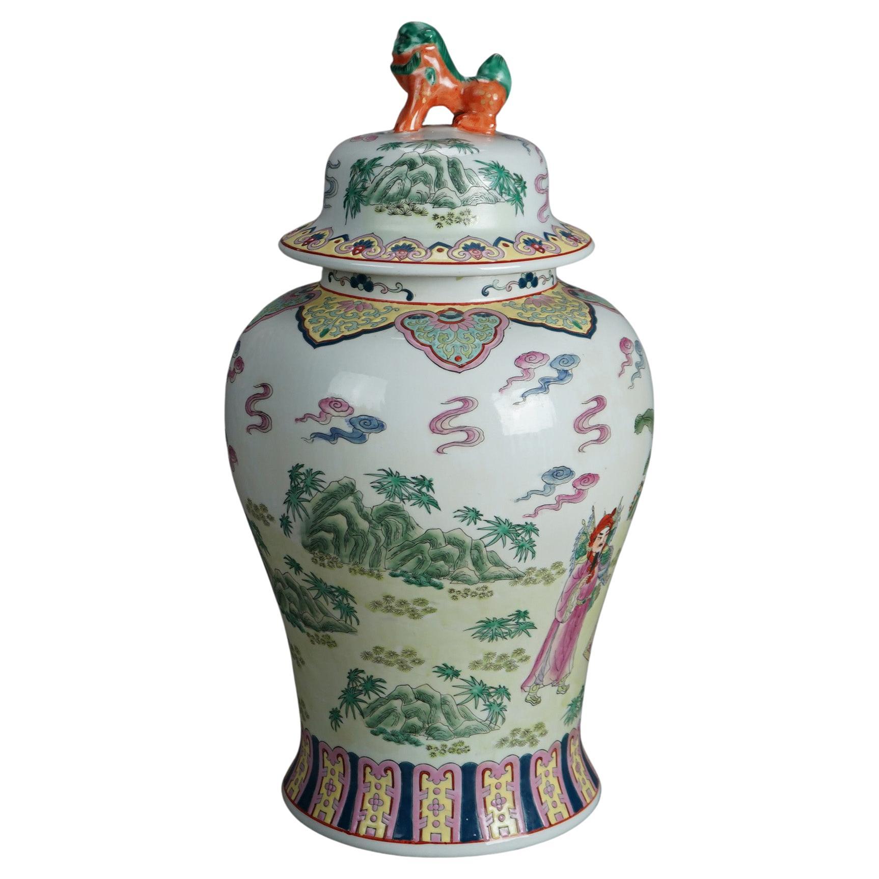 Large Porcelain Chinese Urn with Hand Enameled Decoration 20thC For Sale