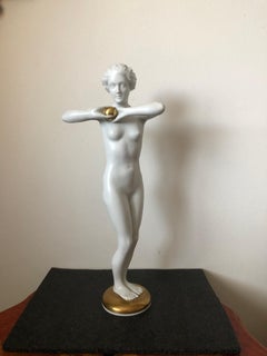 Large Porcelain Figure of Lady with Ball by Designer Luitpold Adam