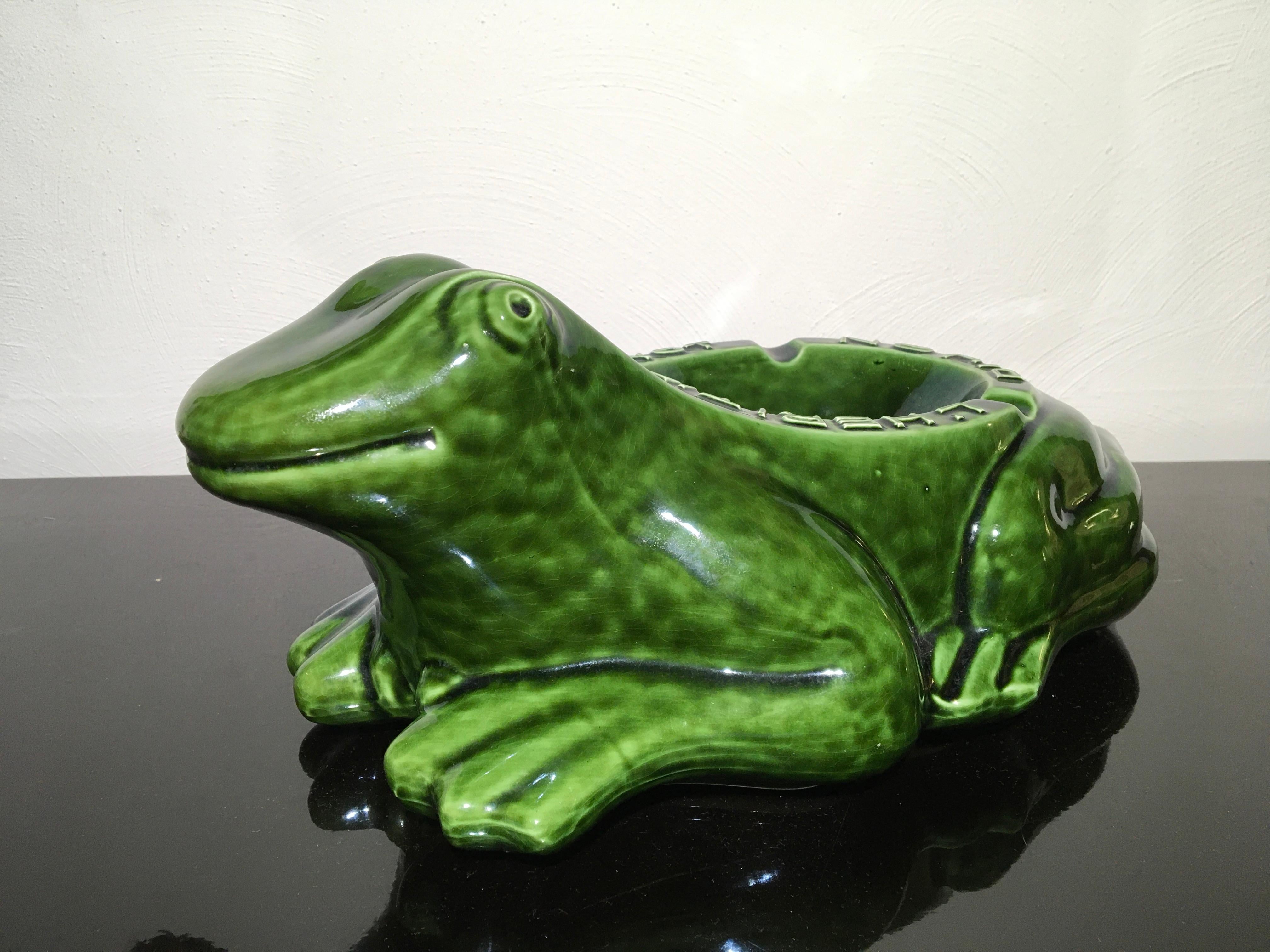 Glazed Large Porcelain Frog Sculpture, French Advertising Frog L'Heritier Guyot  For Sale