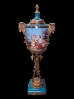 Large Porcelain & Gilt Bronze Floor Standing Celestial Blue Scenery Urn