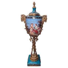 Large Porcelain & Gilt Bronze Floor Standing Celestial Blue Scenery Urn