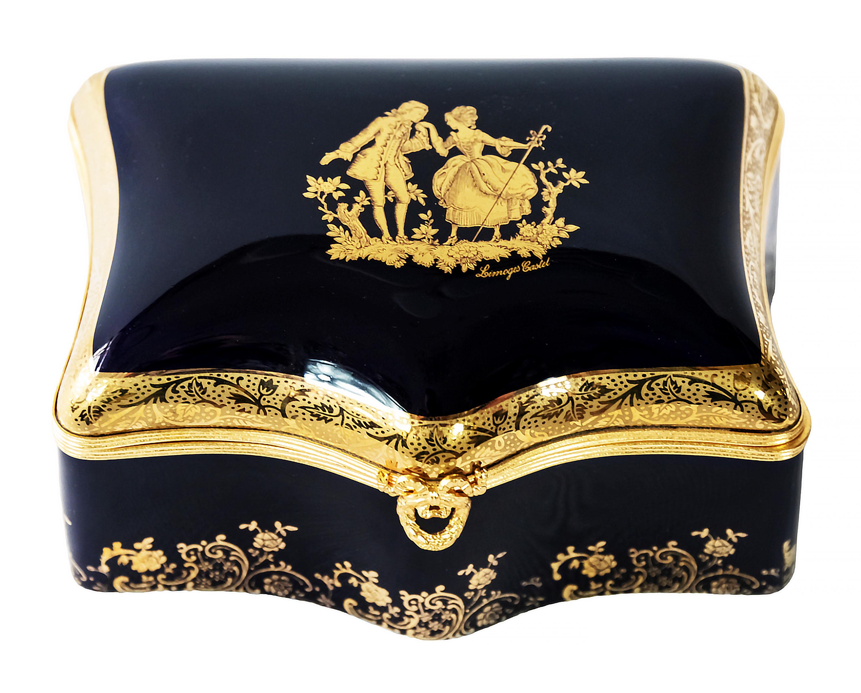 Large cobalt blue porcelain jewelry box decorated with 22-karat gold created by Limoges Castel.