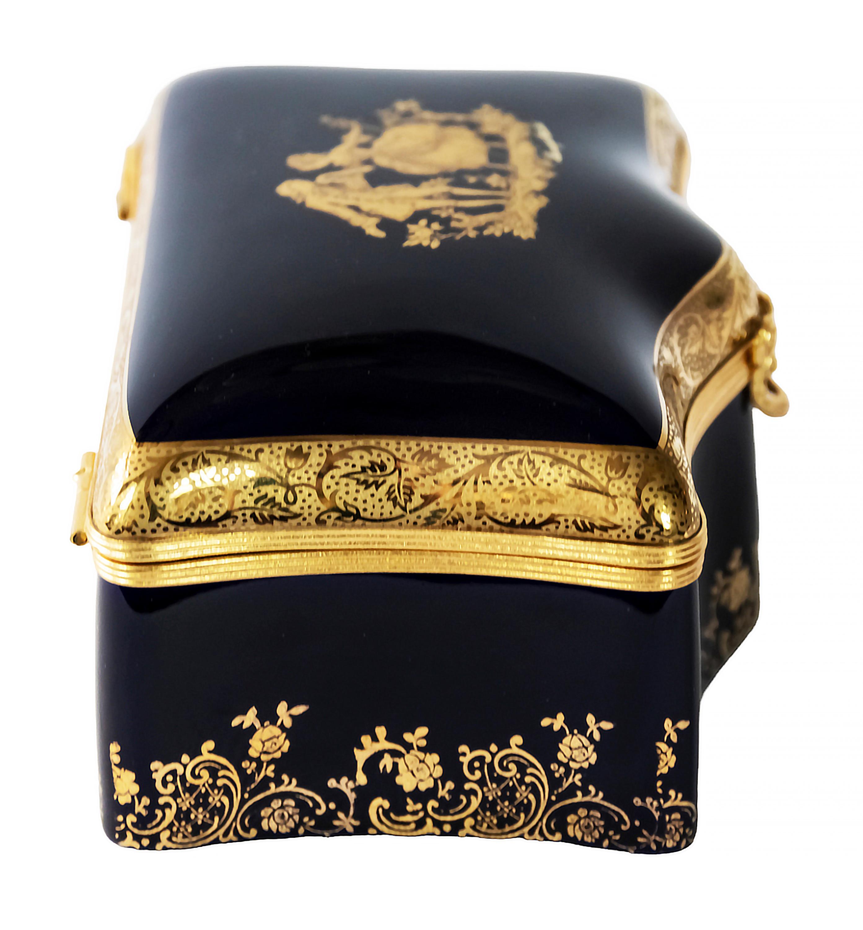 French Large Porcelain Jewelry Box Decorated with 22-Karat Gold by Limoges Castel
