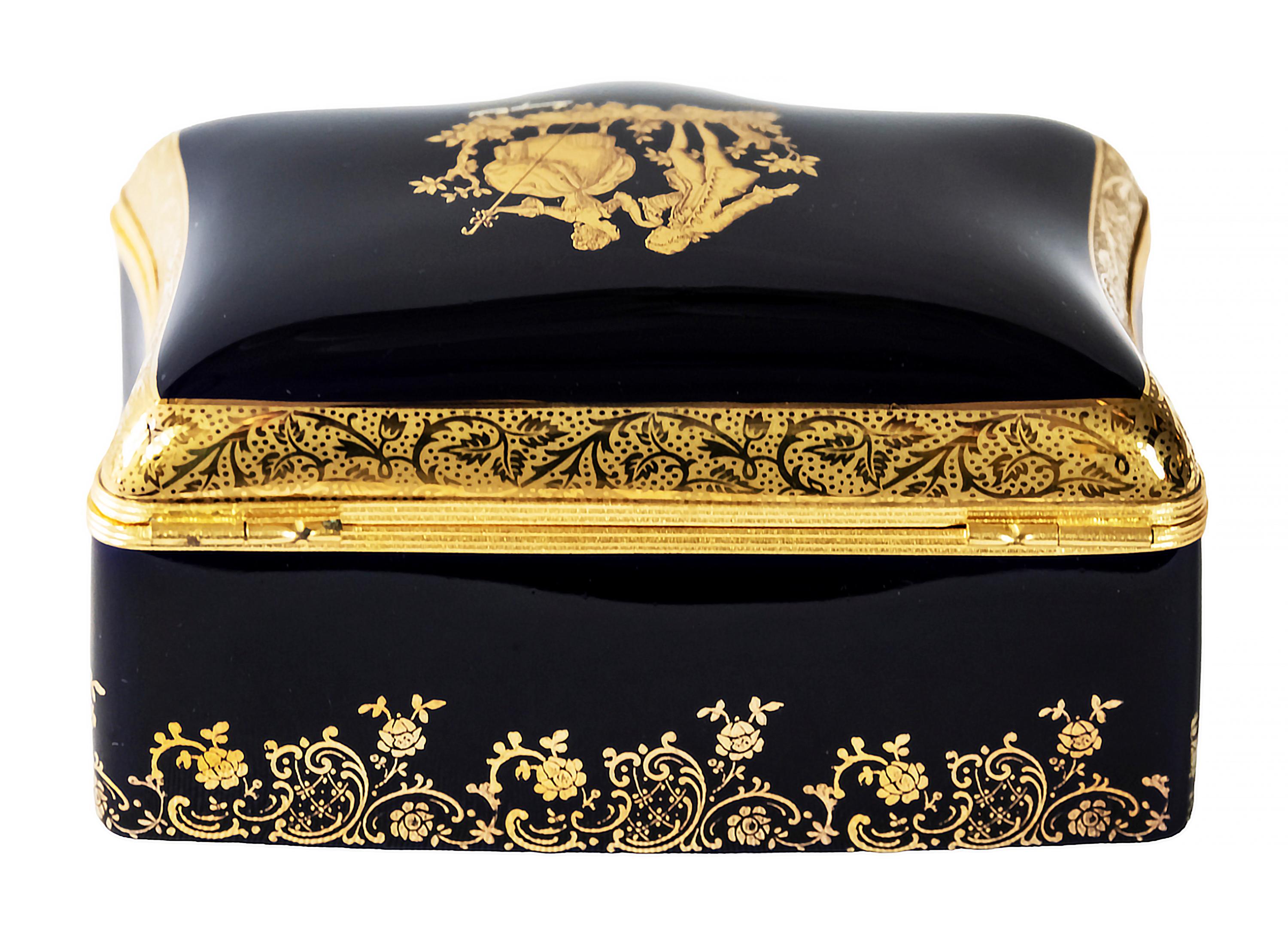 20th Century Large Porcelain Jewelry Box Decorated with 22-Karat Gold by Limoges Castel