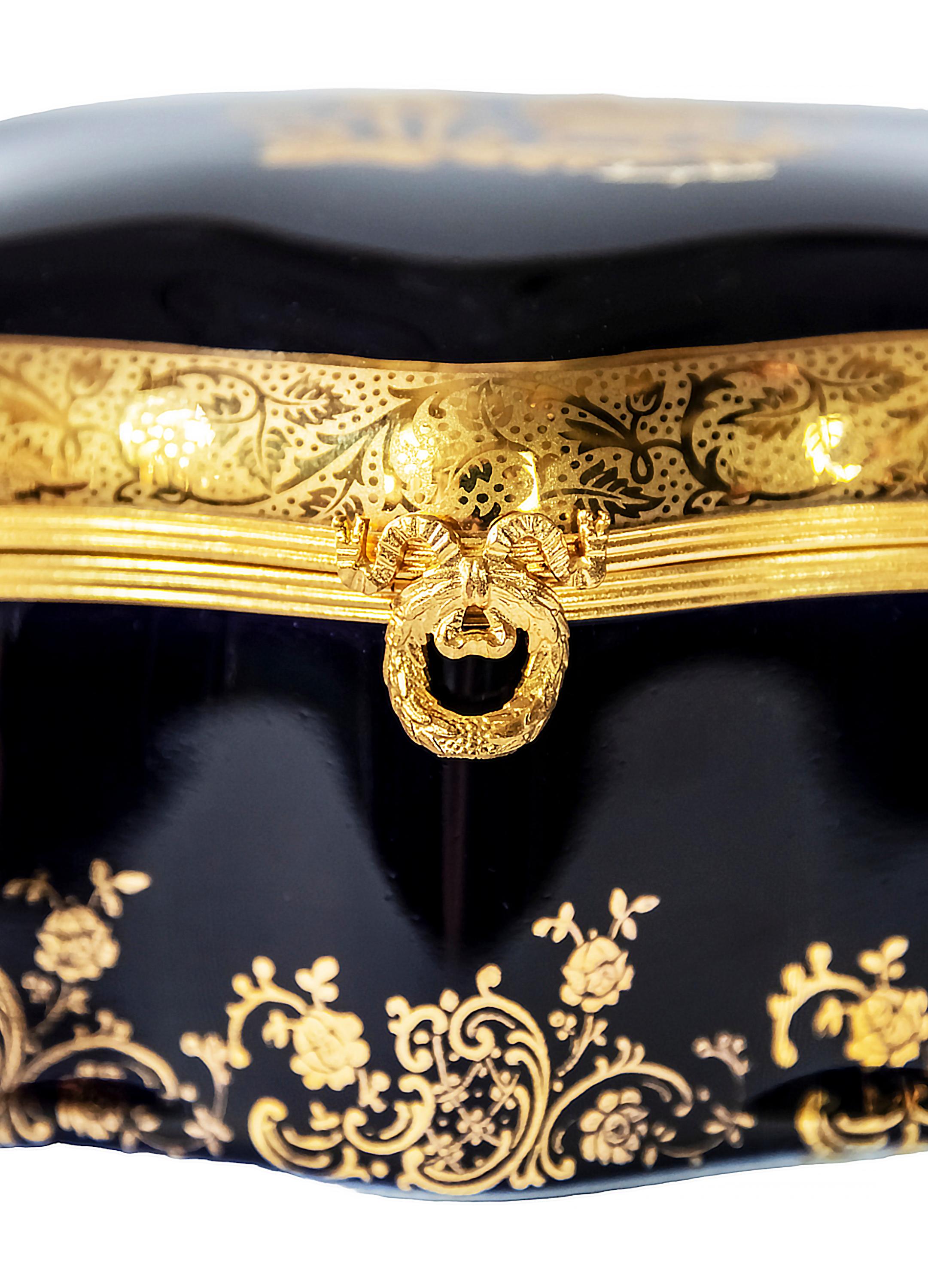 Bronze Large Porcelain Jewelry Box Decorated with 22-Karat Gold by Limoges Castel