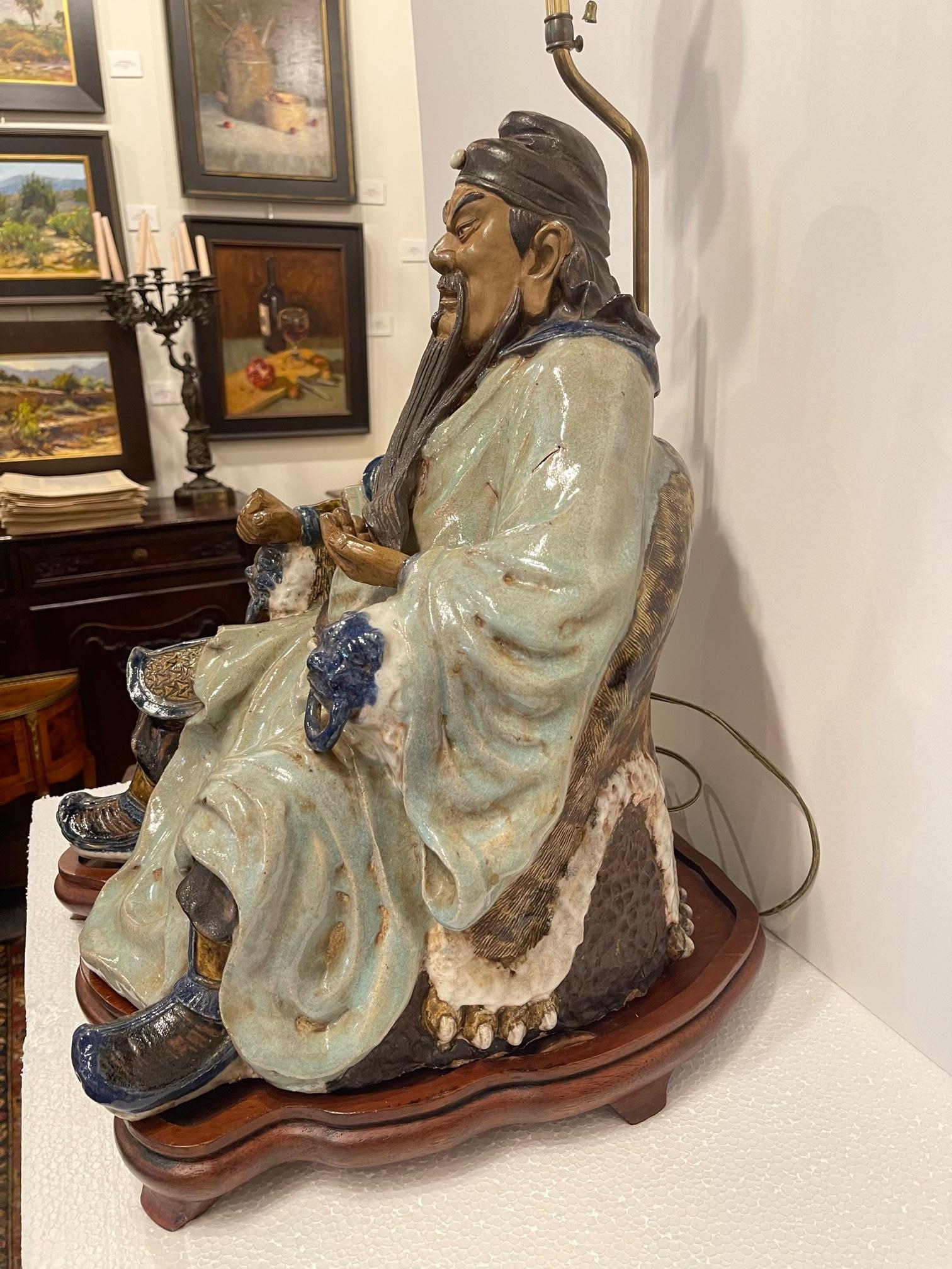 Large Porcelain of Buddha Figure Adapted as Lamp and Wood Base, 20th Century 5