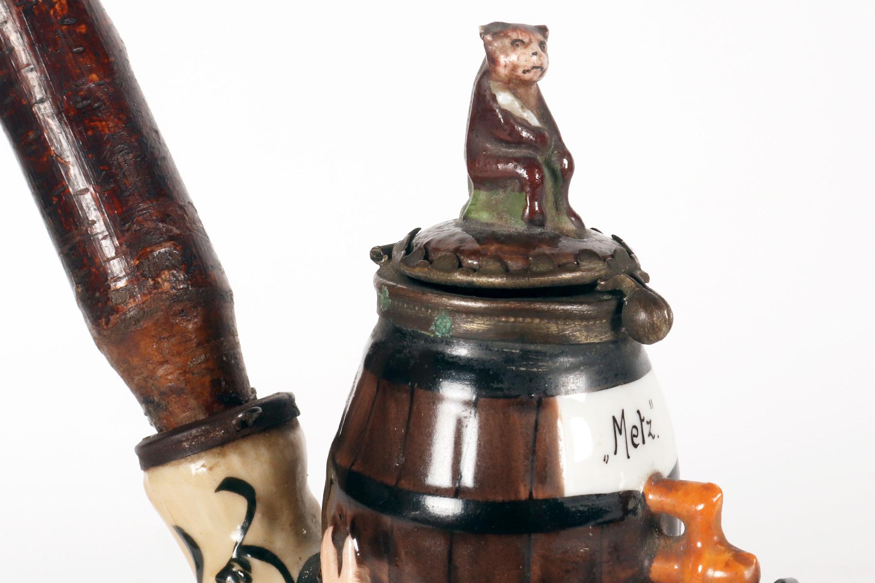 Large porcelain pipe: a reclining man drinking wine, Germany 1880. For Sale 6