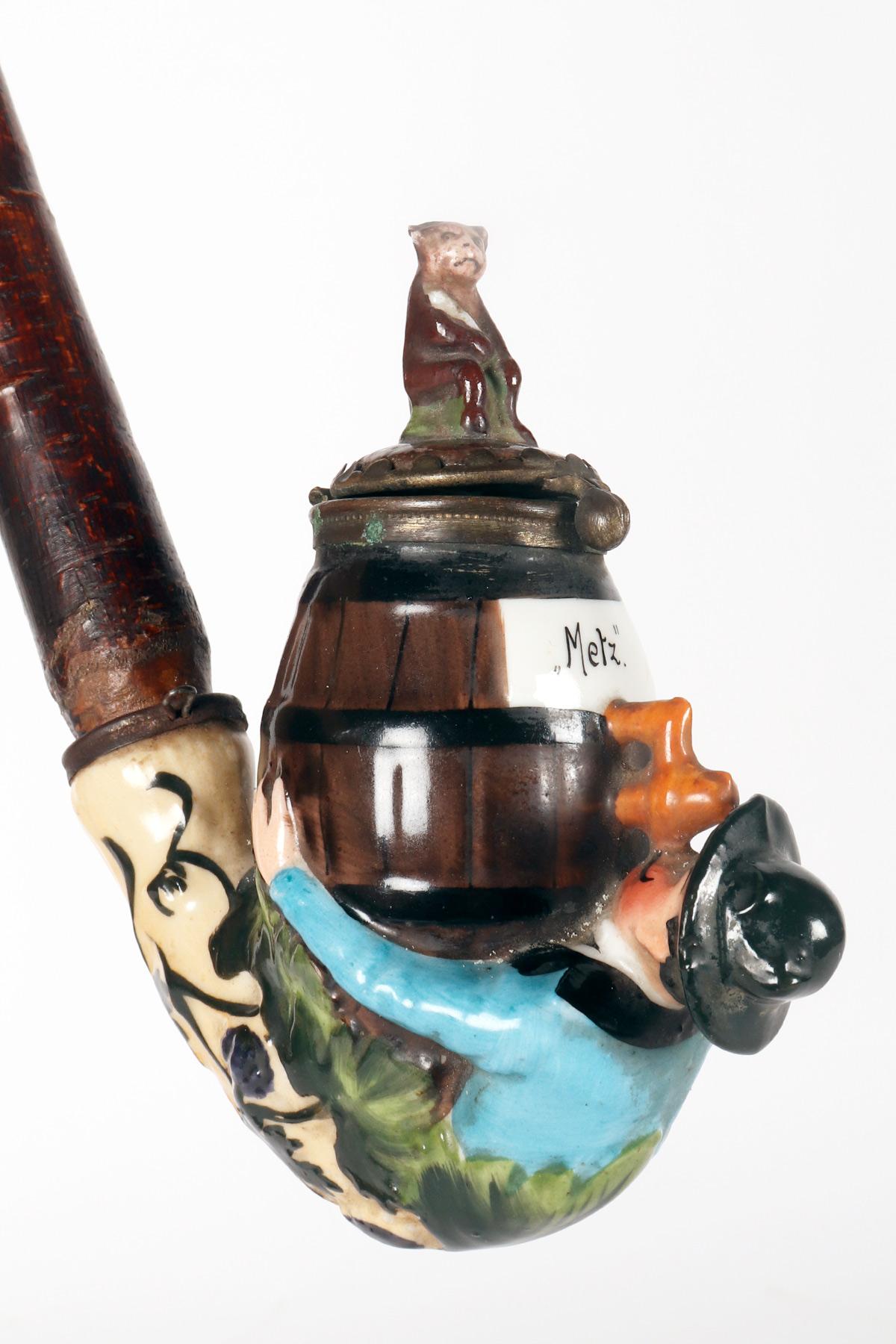 Large porcelain pipe: a reclining man drinking wine, Germany 1880. For Sale 9