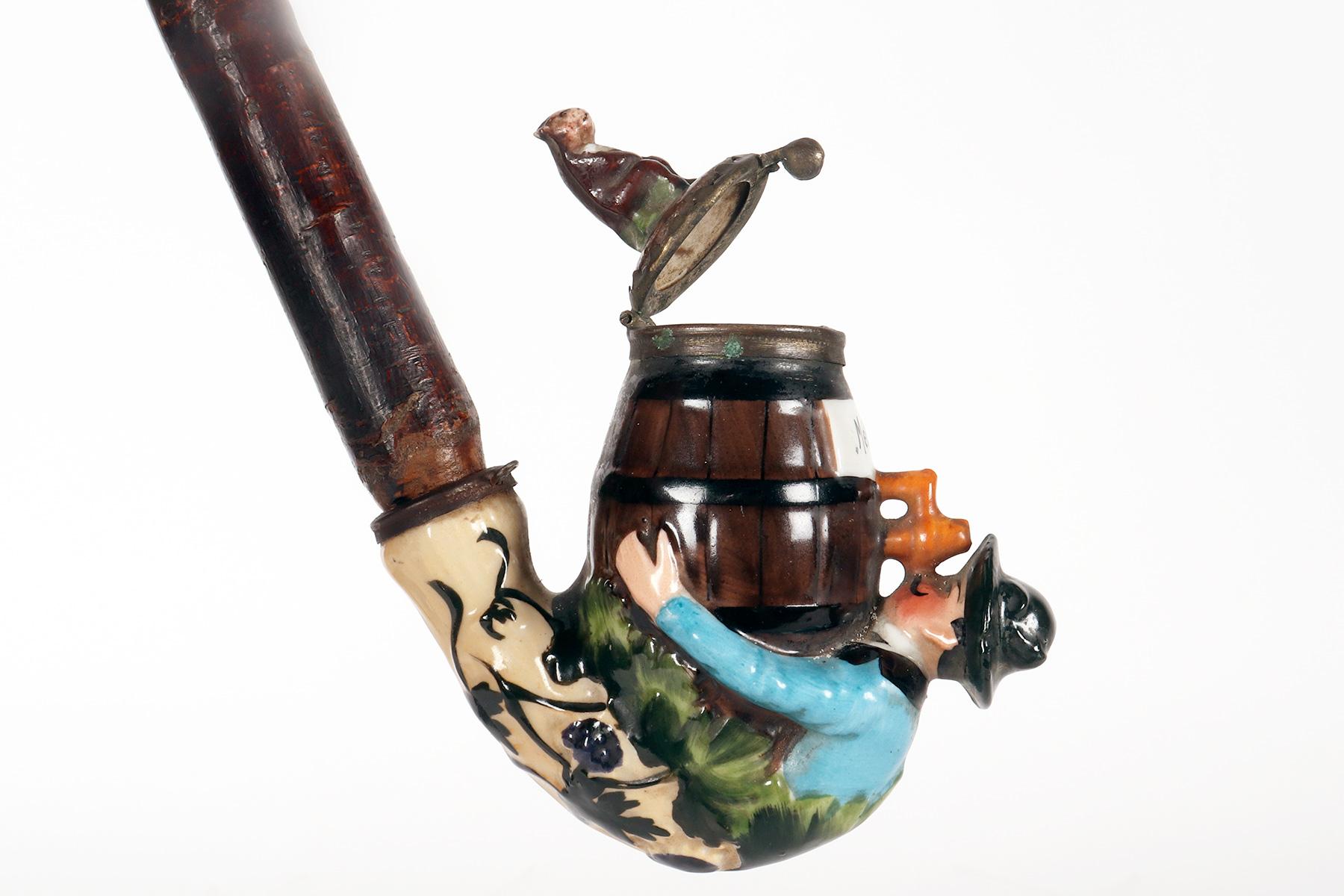 Large porcelain pipe: a reclining man drinking wine, Germany 1880. For Sale 11