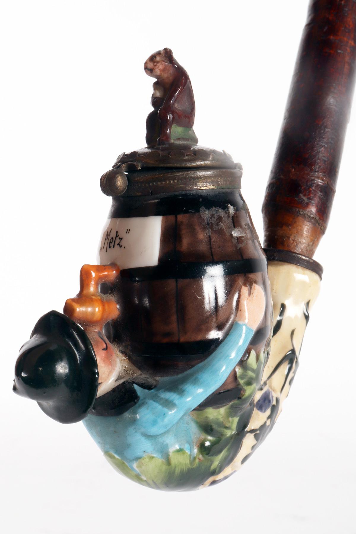 Large porcelain pipe: a reclining man drinking wine, Germany 1880. For Sale 1