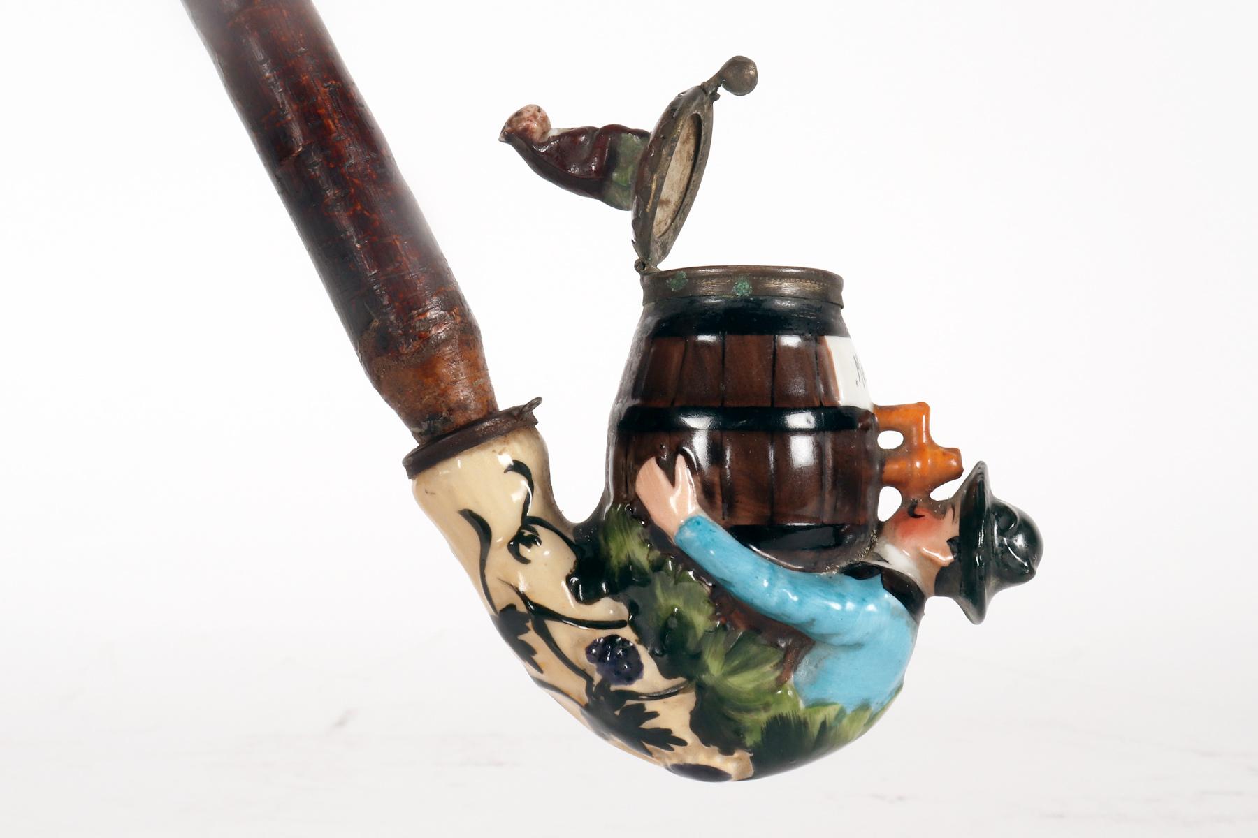 Large porcelain pipe: a reclining man drinking wine, Germany 1880. For Sale 2