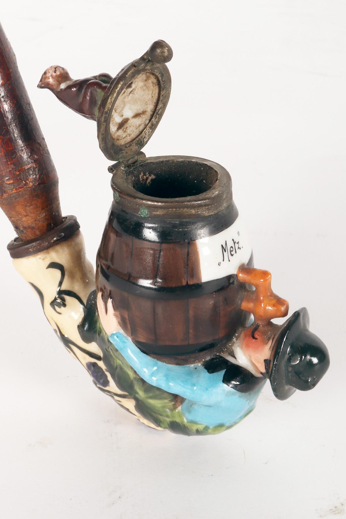 Large porcelain pipe: a reclining man drinking wine, Germany 1880. For Sale 3
