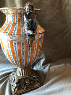 Large Porcelain Urn with Brass Handles and Base, Orange, White and Gold