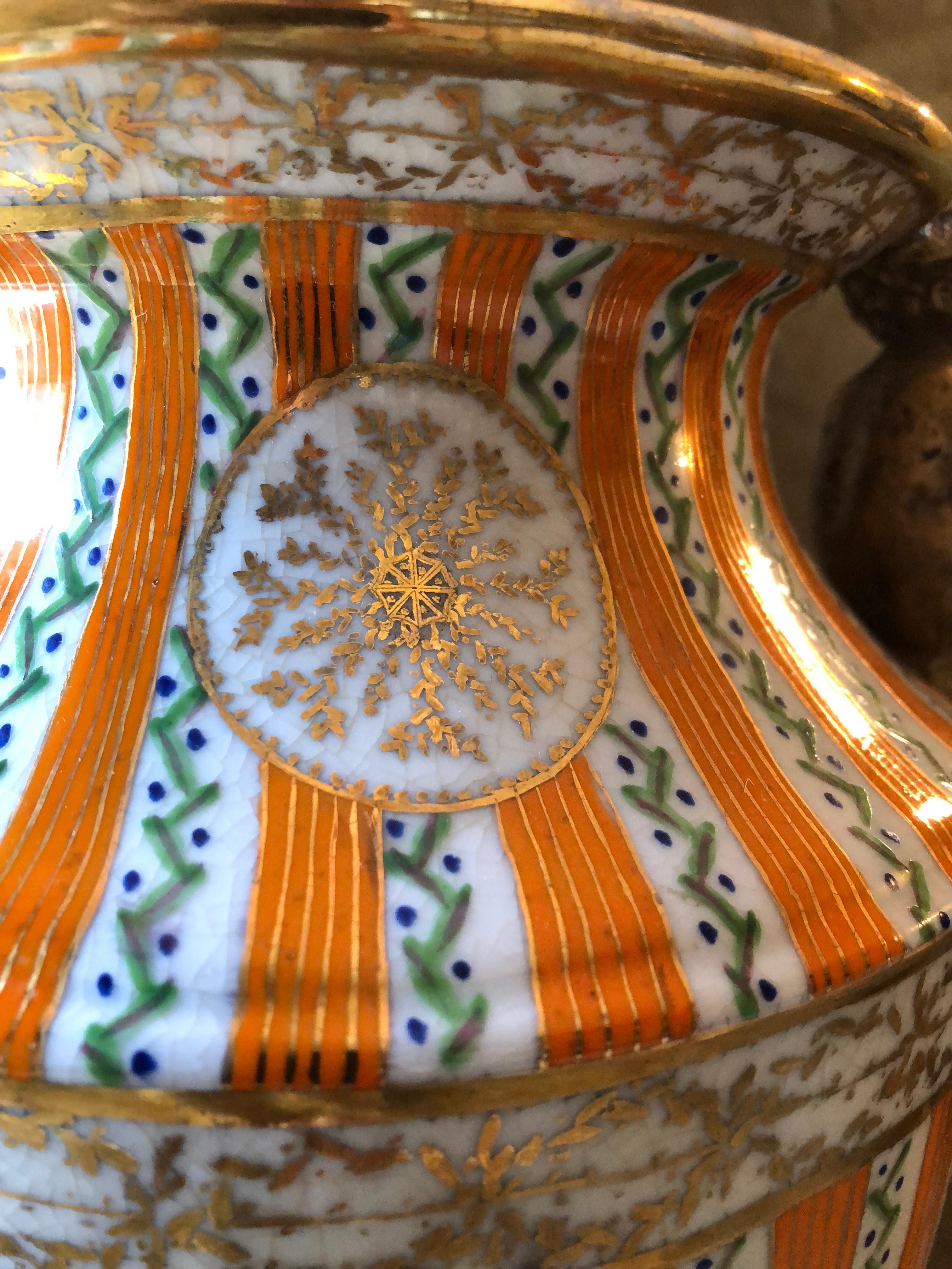 Late 20th Century Large Porcelain Urn with Brass Handles and Base, Orange, White and Gold For Sale