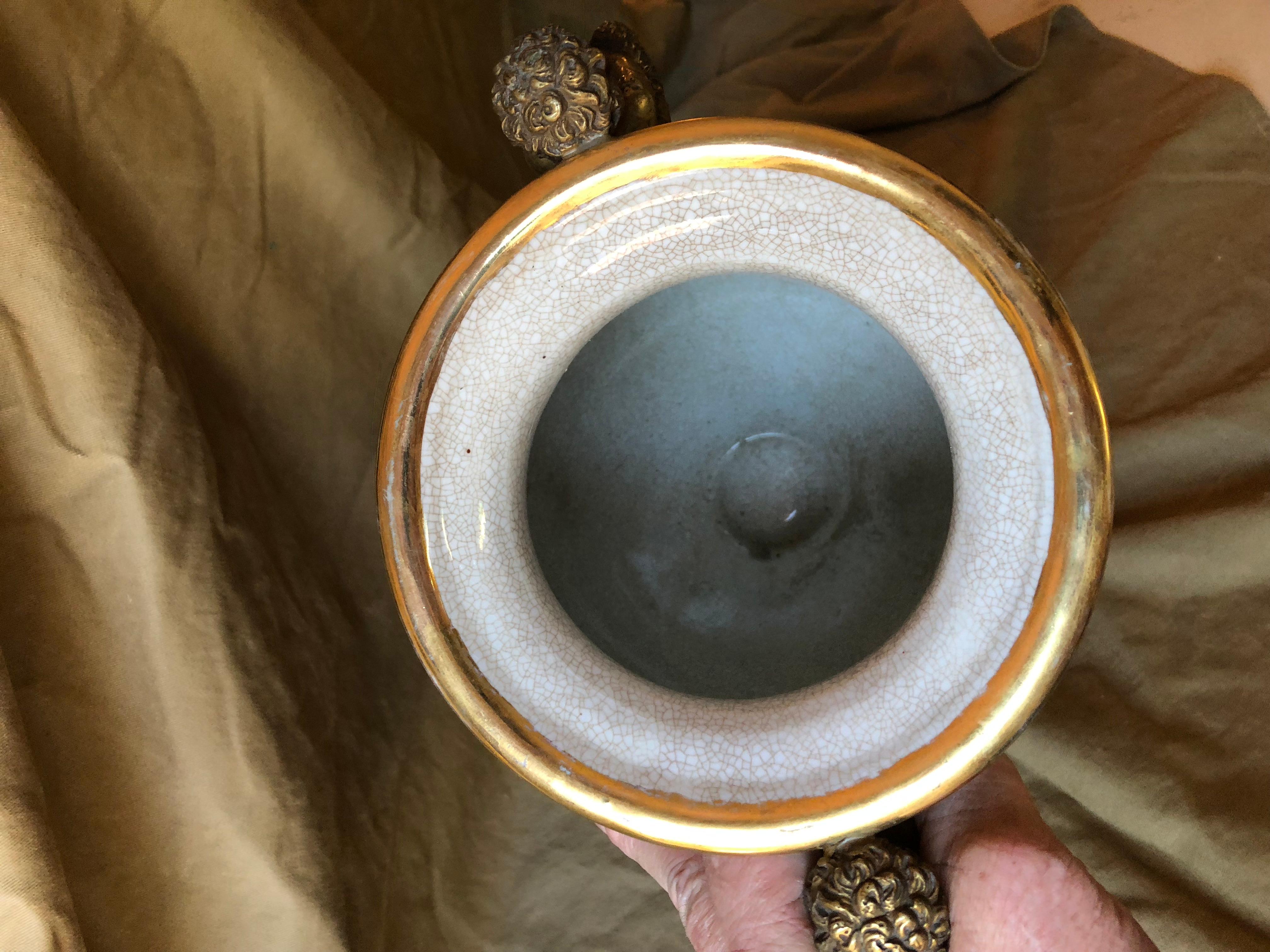 Large Porcelain Urn with Brass Handles and Base, Orange, White and Gold For Sale 2