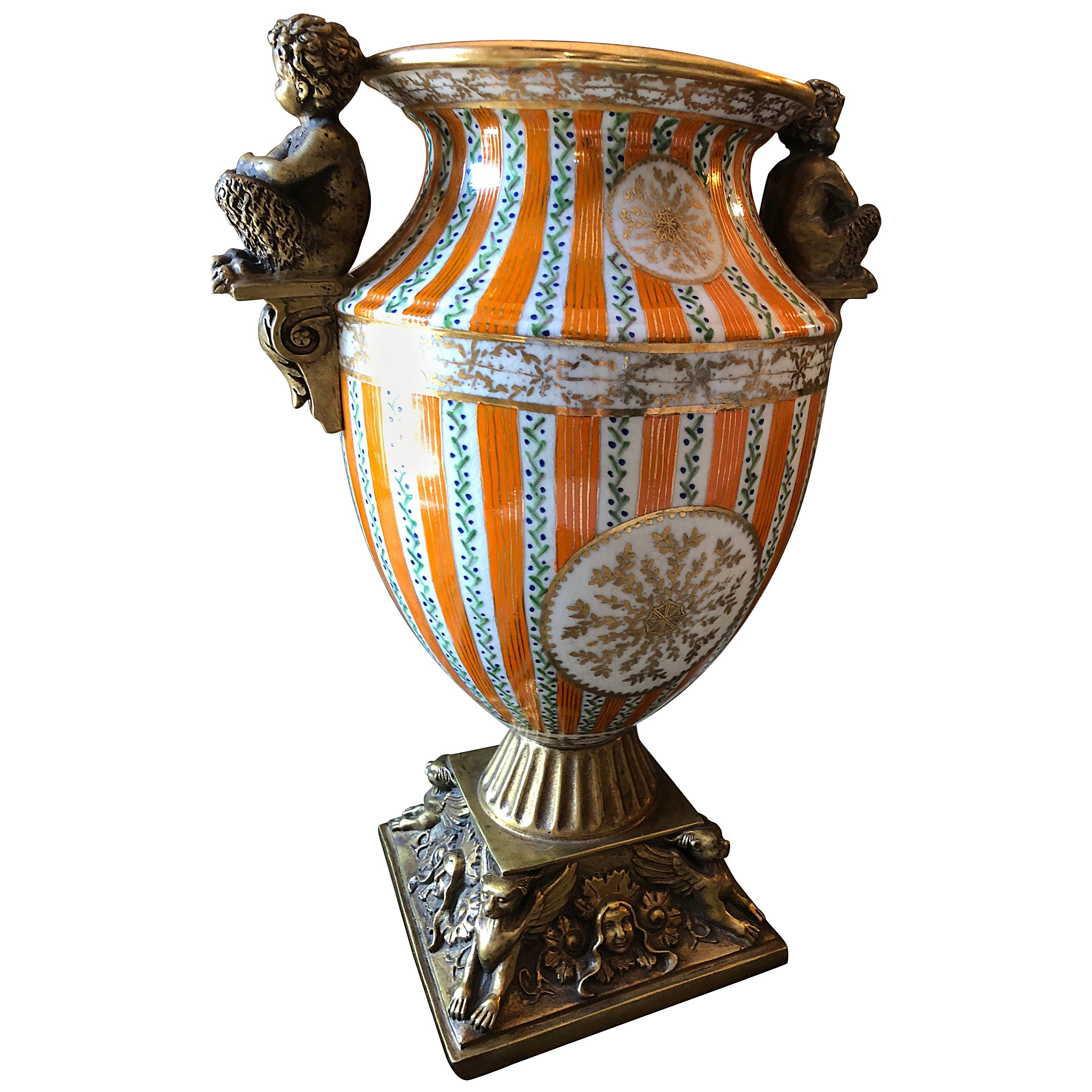 Large Porcelain Urn with Brass Handles and Base, Orange, White and Gold For Sale