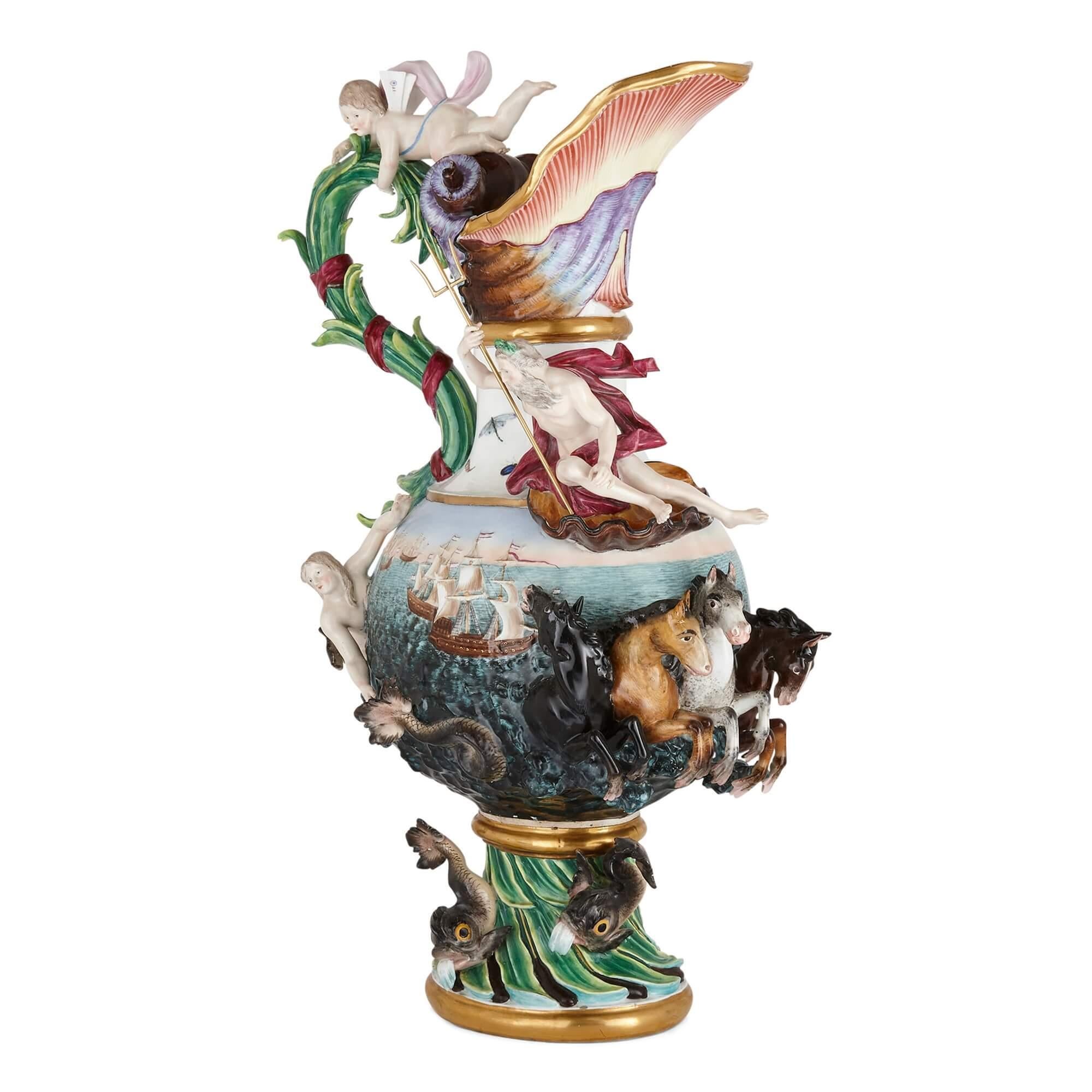 Large porcelain ‘Water’ ewer from the ‘Elements’ series by Meissen
German, 19th Century 
Height 61cm, width 36cm, depth 23cm

With sensational design elements, this Meissen jug boasts incredible artistry of design. The ewer, which emblematises