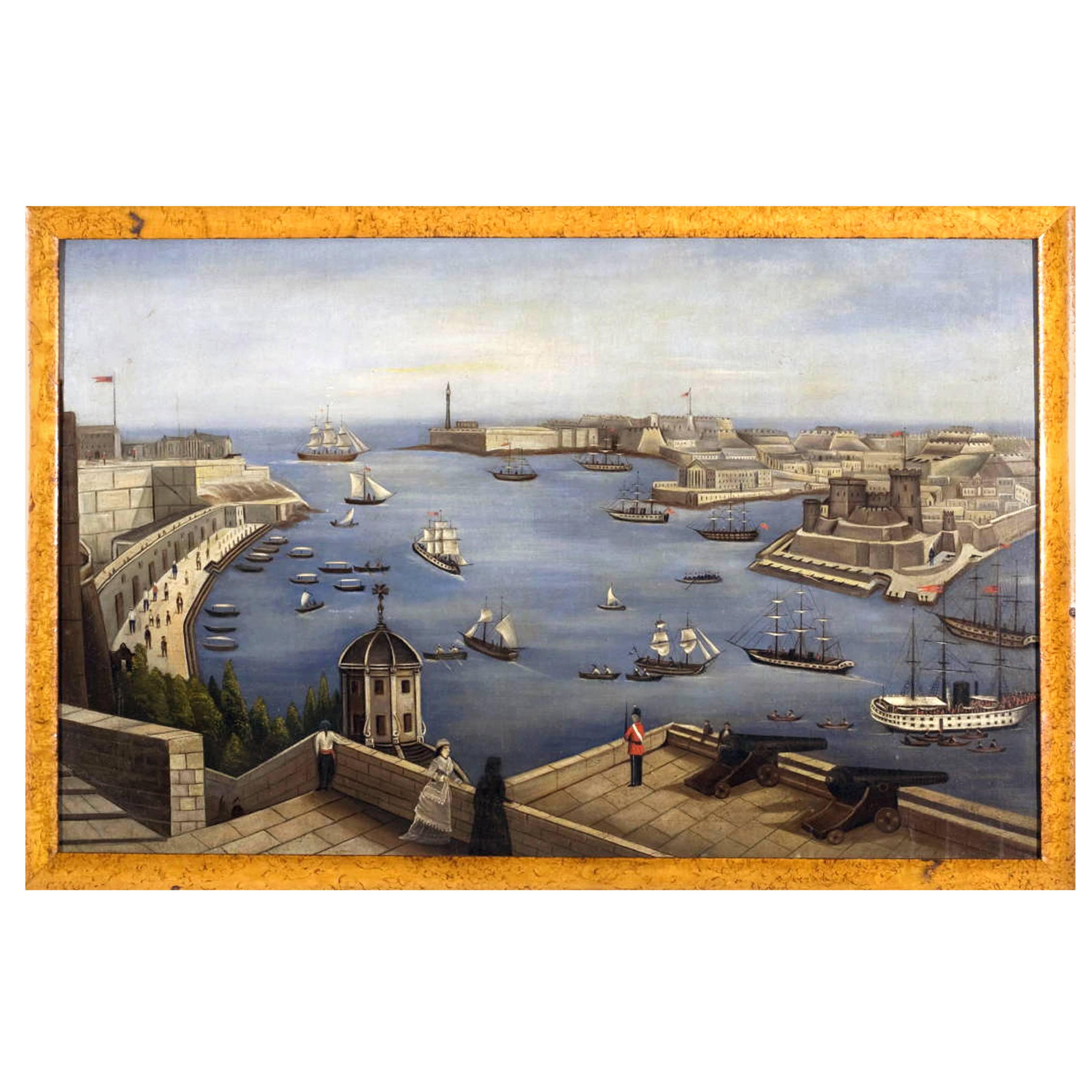 Grande peinture de port d'une vue du port de Valletta, Malte en vente