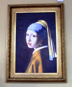 Large Portrait after Vermeer Oil on Canvas Set in Gilt Frame