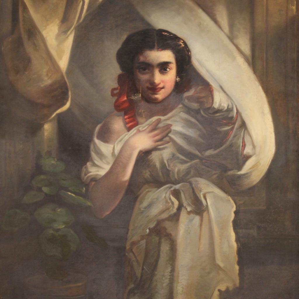 Italian painting from the mid-20th century. Mixed technique work on canvas depicting a particular portrait of a girl. Painting missing a frame, of great size and impact, for antiquarians and collectors. Interesting work perspective, unsigned. The