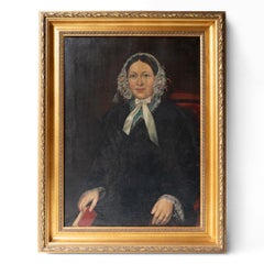 Grand portrait d'une femme dans une casquette de dentelle, peinture à l'huile originale ancienne, 19e siècle