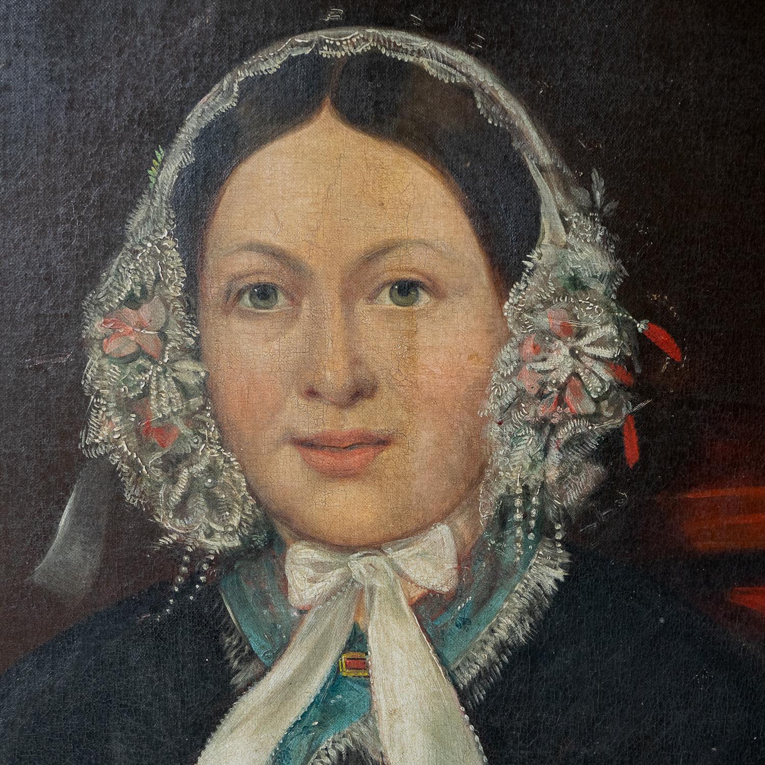 Britannique  Grand portrait de femme dans une casquette de dentelle, peinture à l'huile originale ancienne des années 1830 en vente