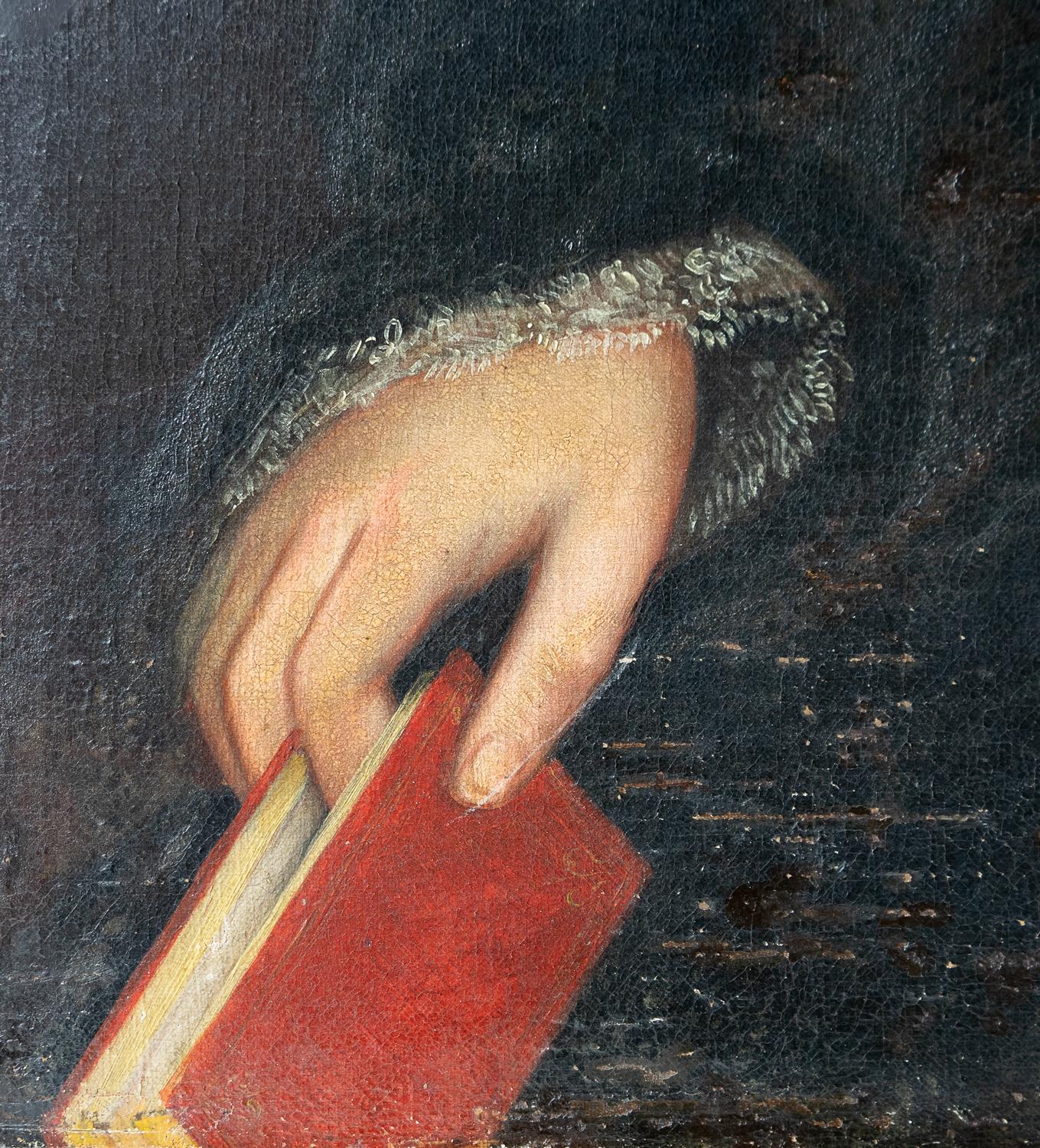 Peint à la main  Grand portrait de femme dans une casquette de dentelle, peinture à l'huile originale ancienne des années 1830 en vente